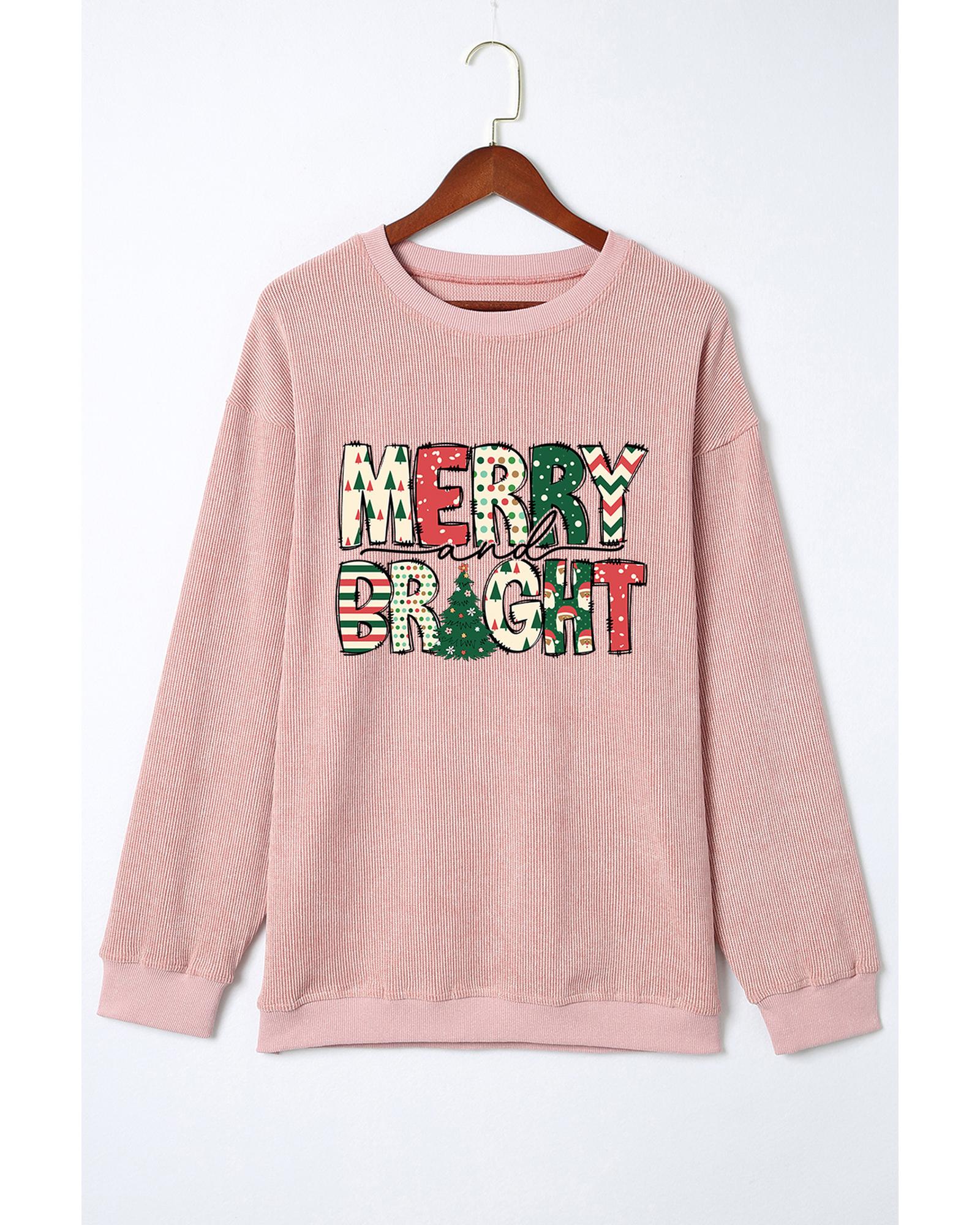 V539-AZEXDC25318642-10-M-202508281850-00 Pink MERRY and BRIGHT Christmas Tree Print Ribbed Sweatshirt - M - Image 1