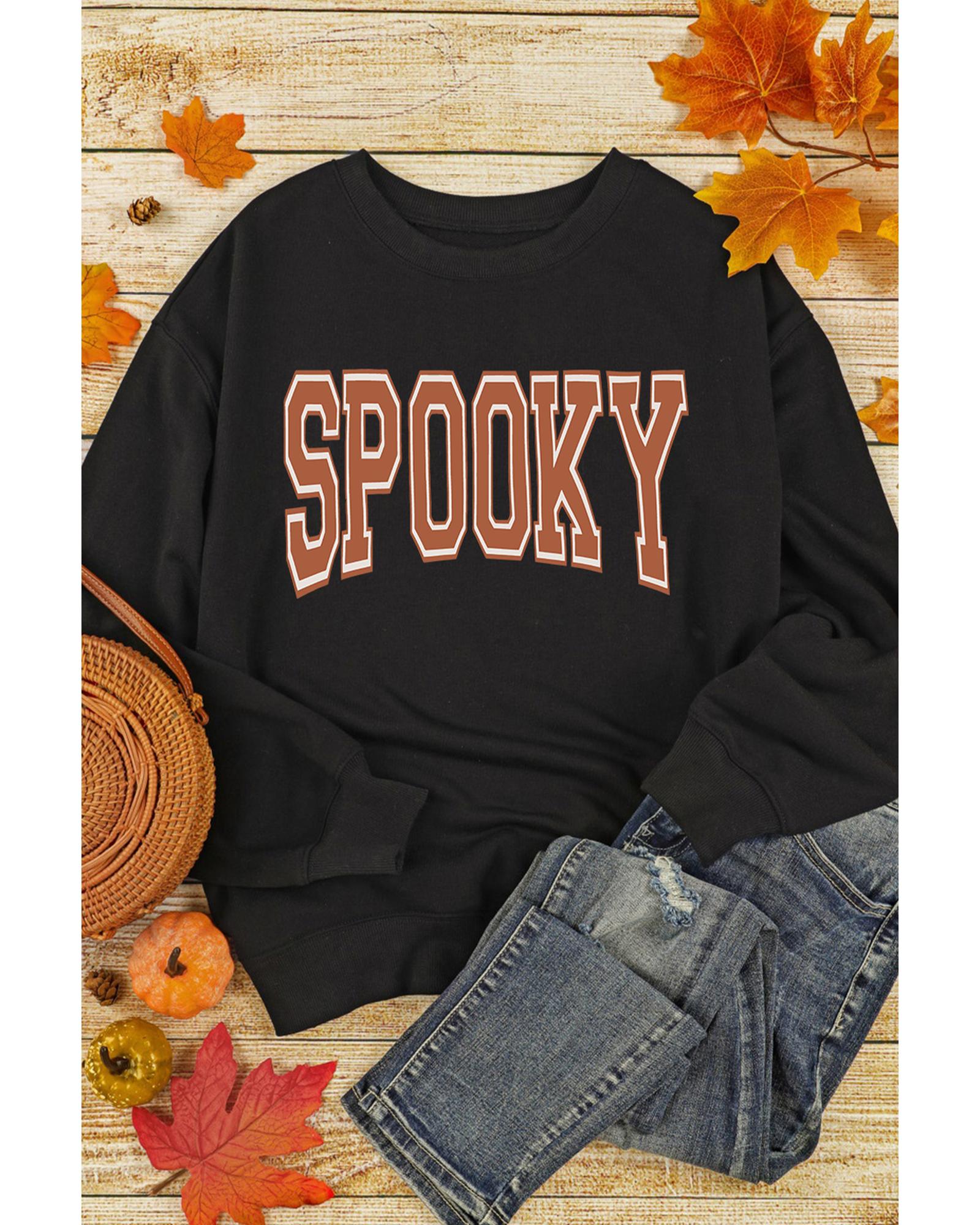 V539-AZEXDC25318686-P2-M-202508292330-00 Black SPOOKY Graphic Drop Shoulder Halloween Pullover Sweatshirt - M - Image 1