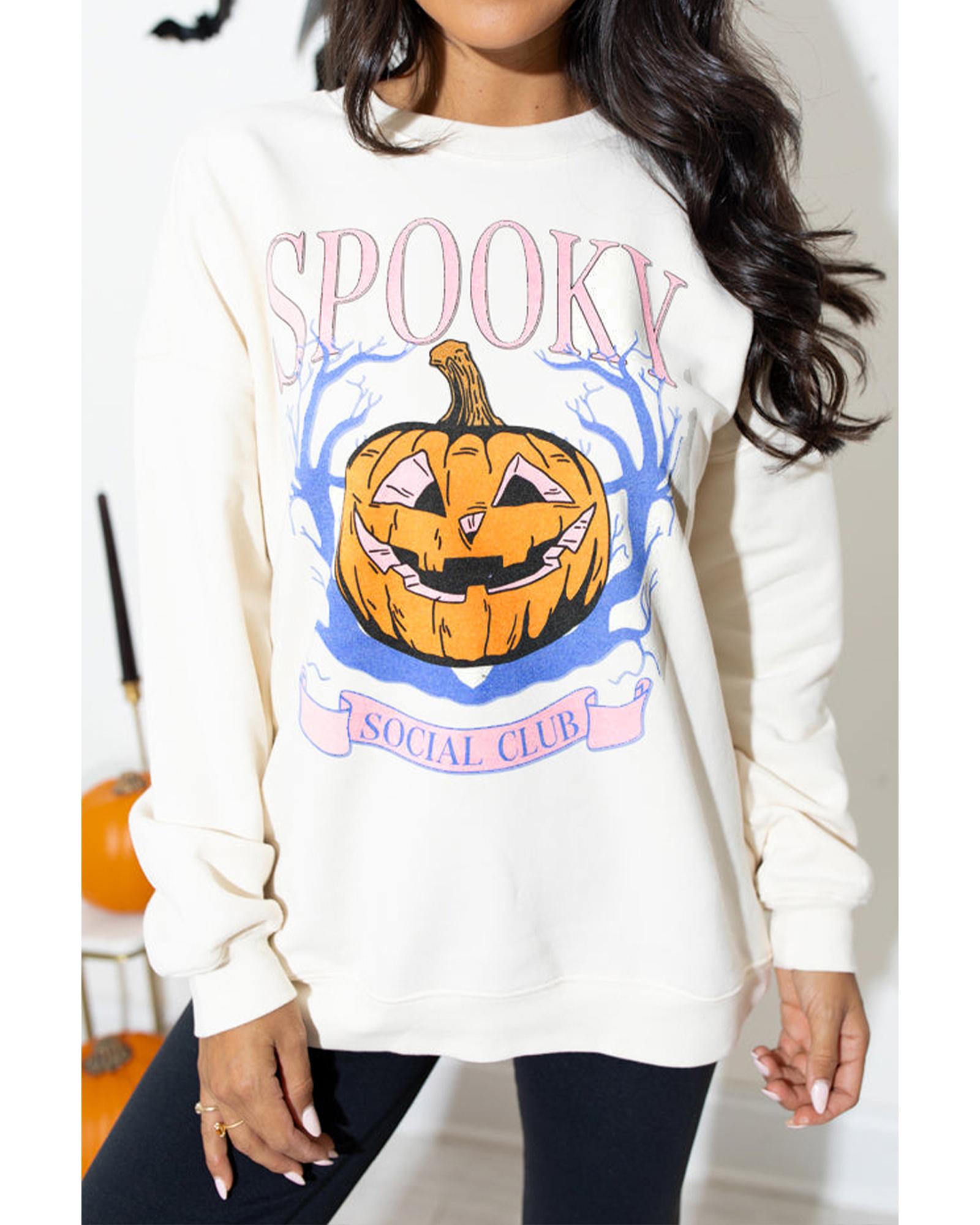 V539-AZEXDC25318696-15-XL-202508281045-00 Beige SPOOKY SOCIAL CLUB Halloween Pumpkin Face Graphic Sweatshirt - XL - Image 1