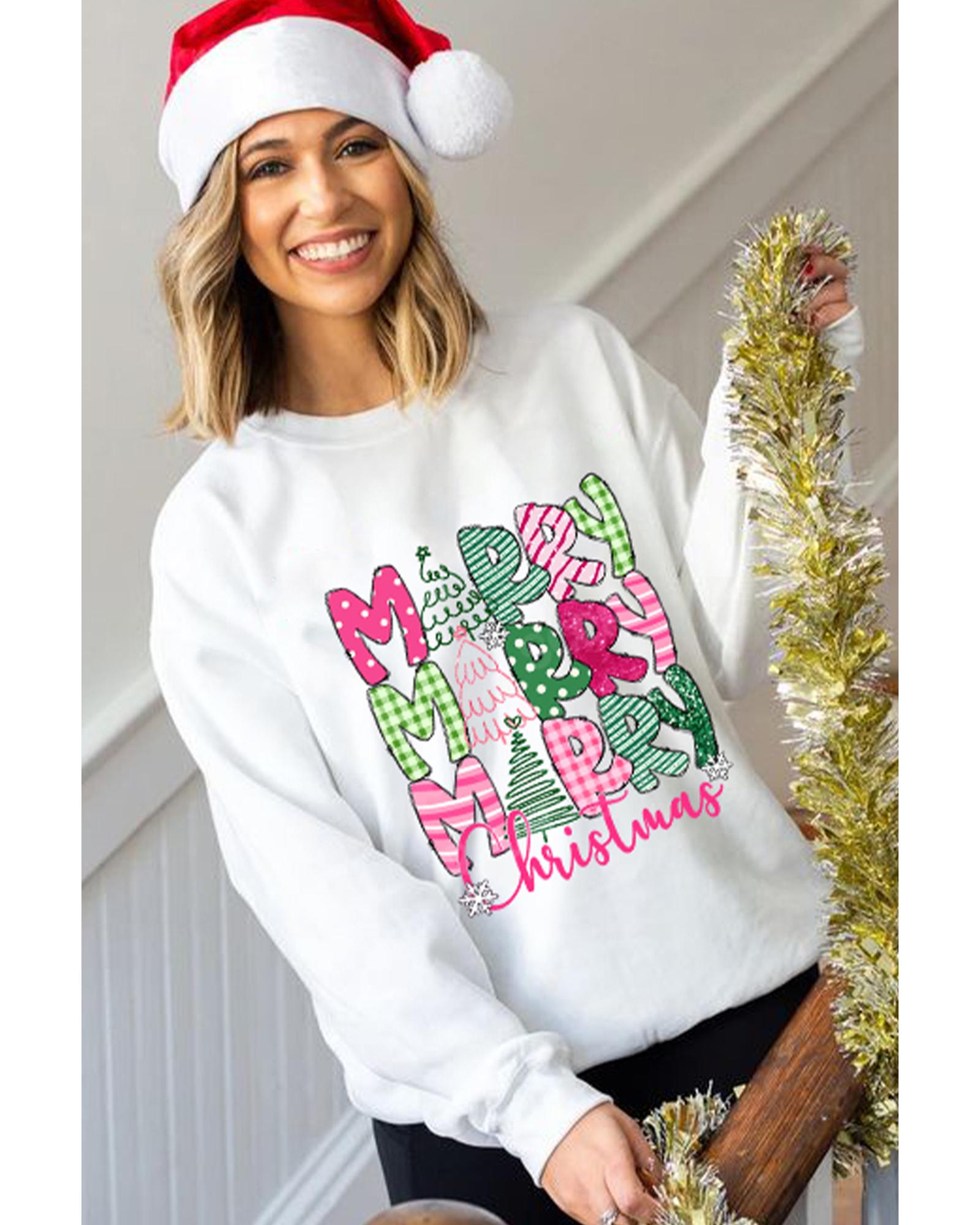 V539-AZEXDC25318906-15-L-202508280255-00 Beige MERRY Christmas Printed Drop Shoulder Pullover Sweatshirt - L - Image 1