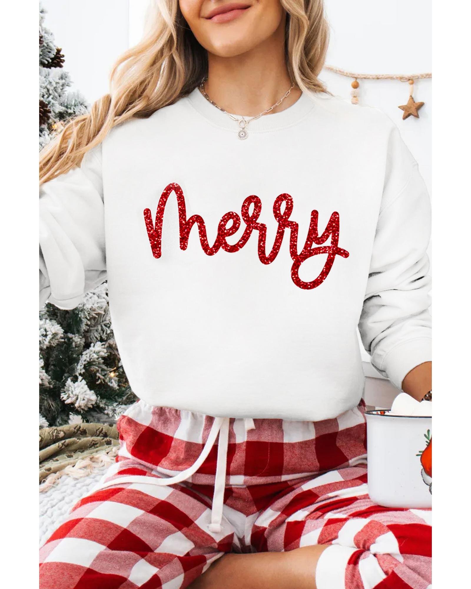 V539-AZEXDC25319058-15-S-202506130916-00 Beige Merry Graphic Christmas Crew Neck Sweatshirt - S - Image 1