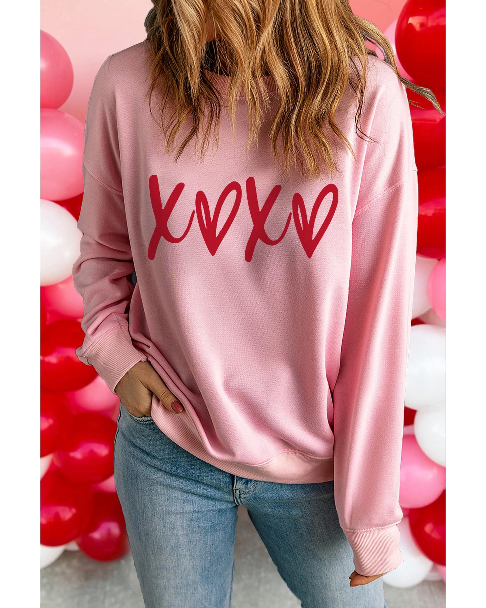 V539-AZEXDC25319155-10-S-202506130952-00 Pink Heart XOXO Graphic Crewneck Drop Shoulder Valentines Sweatshirt - S - Image 1