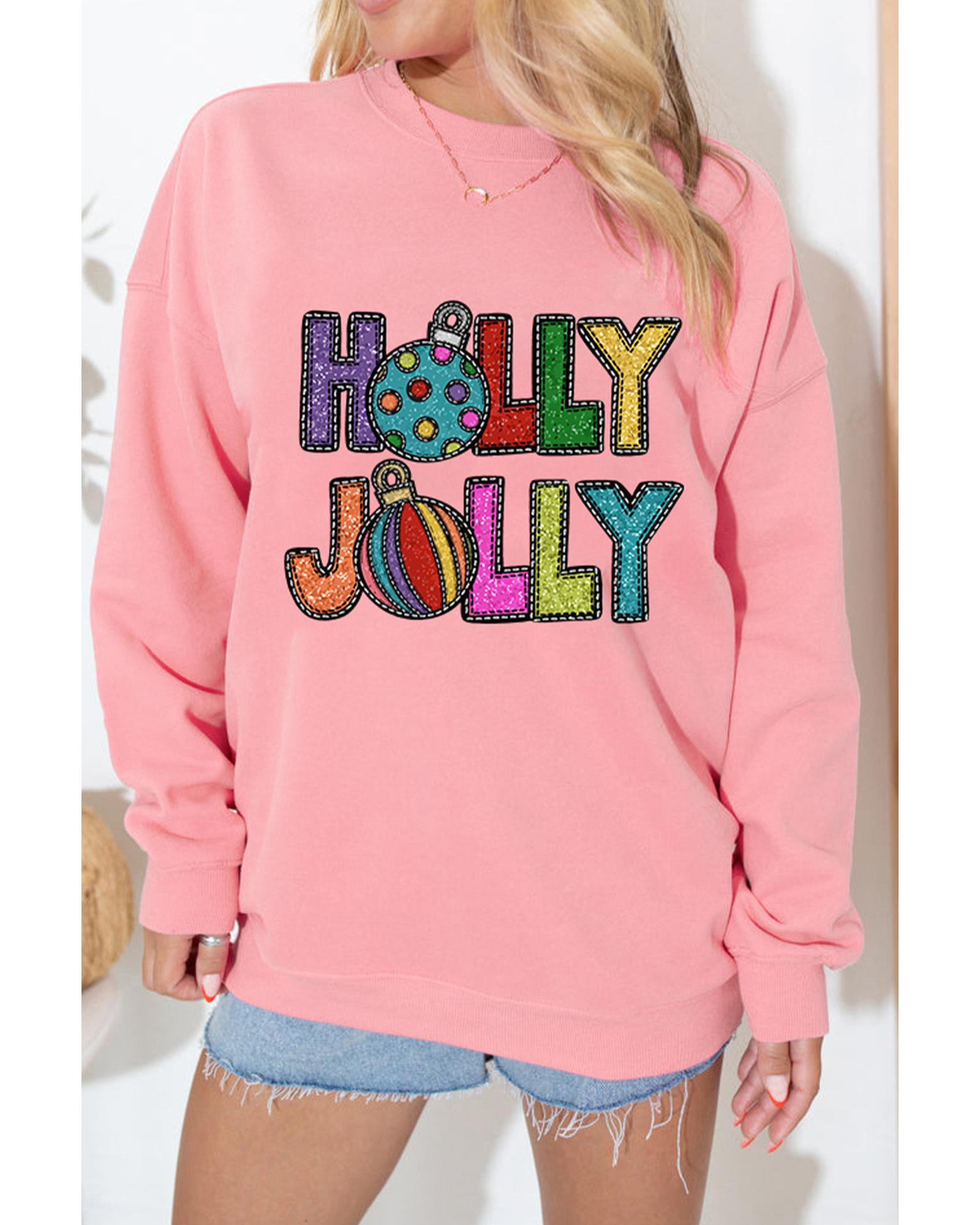 V539-AZEXDC25319197-10-XL-202508270615-00 Pink HOLLY JOLLY Christmas Festive Letter Graphic Sweatshirt - XL - Image 1
