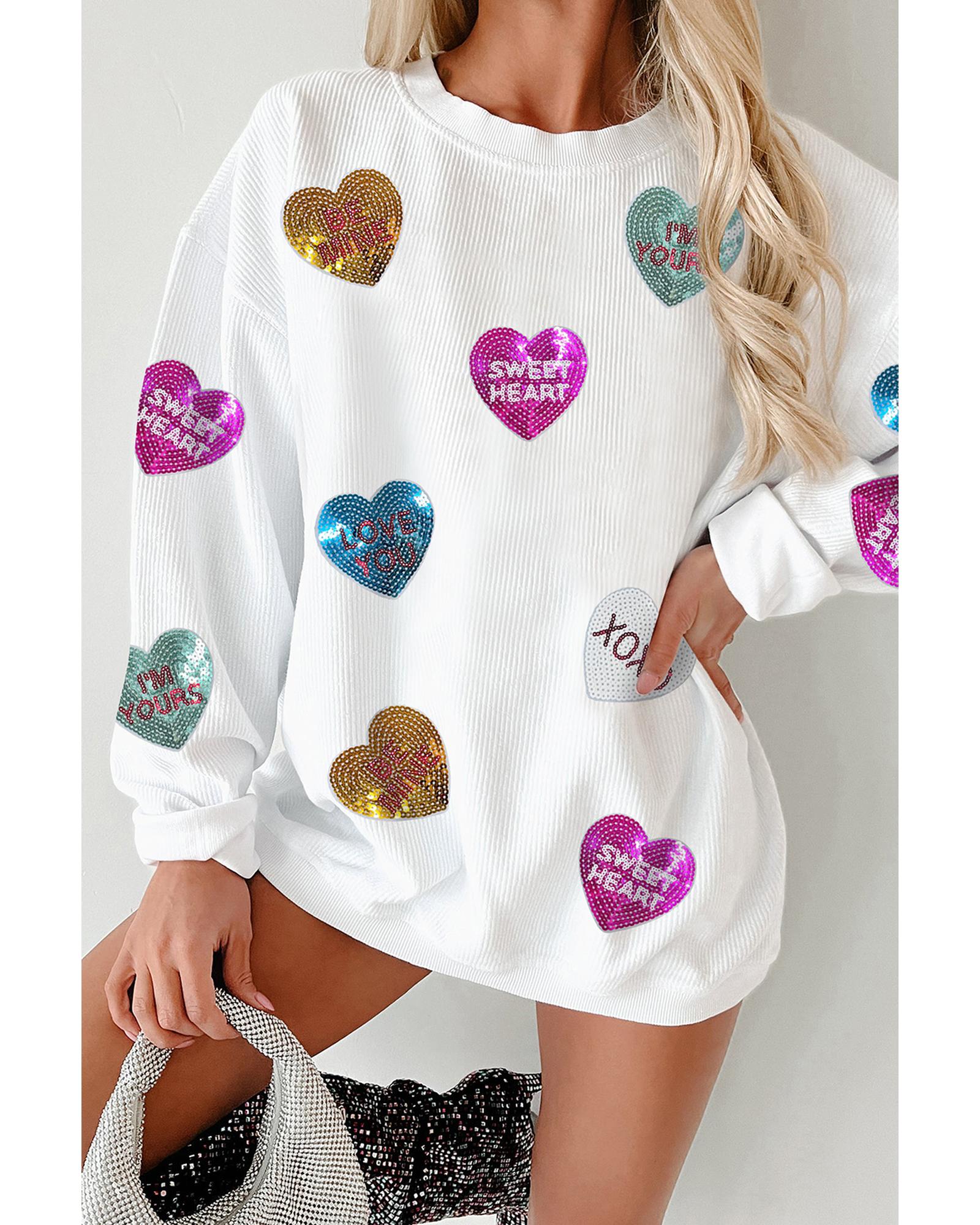 V539-AZEXDC25319307-P1-M-202508280525-00 White Valentines Slogan Heart Sequin Corded Baggy Sweatshirt - M - Image 1