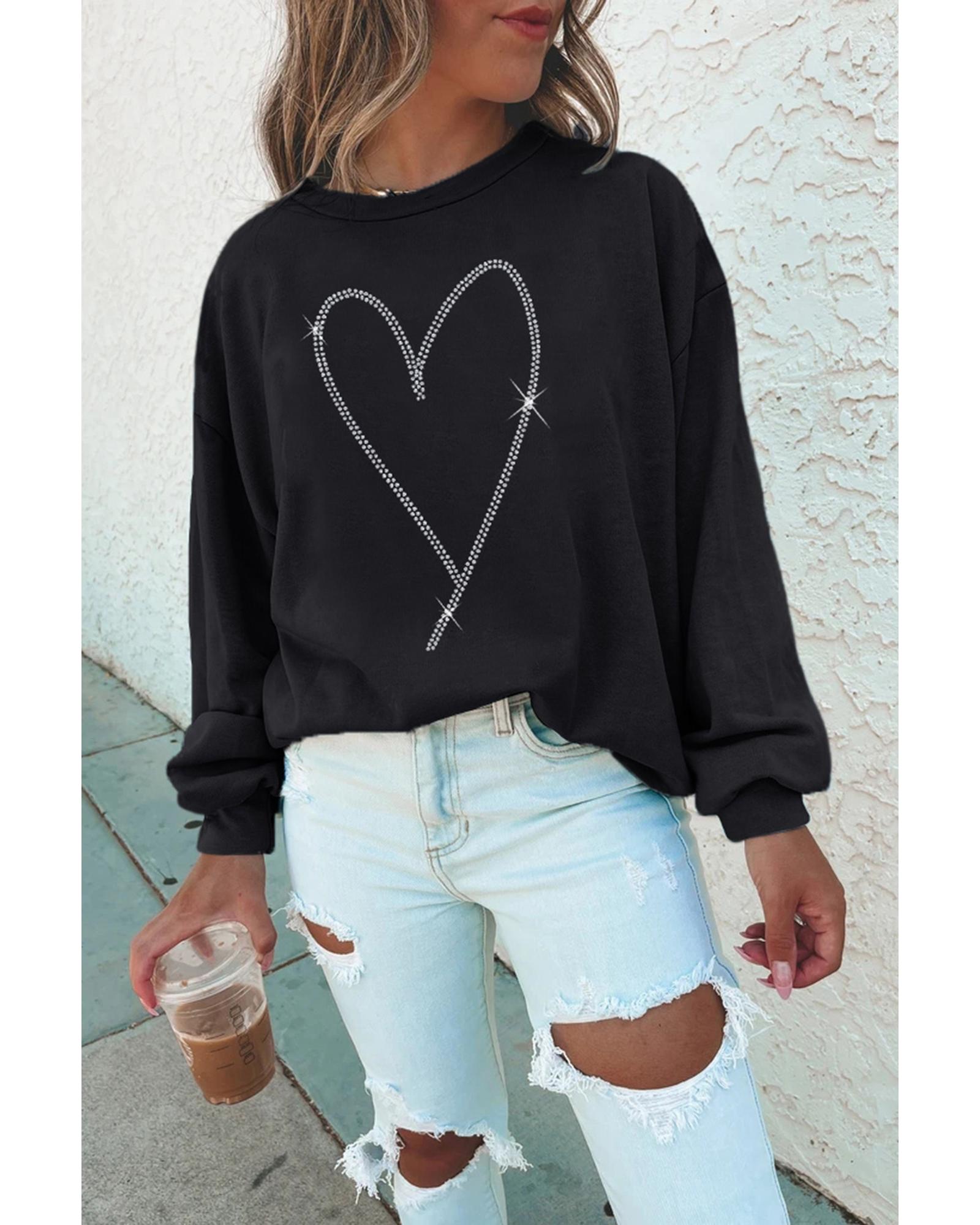 V539-AZEXDC25319331-2-XL-202508280905-00 Black Rhinestone Heart Pattern Valentines Fashion Sweatshirt - XL - Image 1