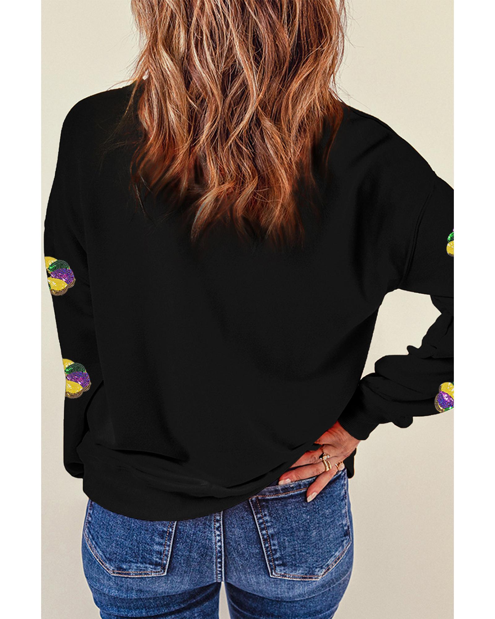 V539-AZEXDC25319381-2-XL-202508292340-00 Black Sequined Donuts of Mardi Gras Colors Drop Shoulder Sweatshirt - XL - Image 1