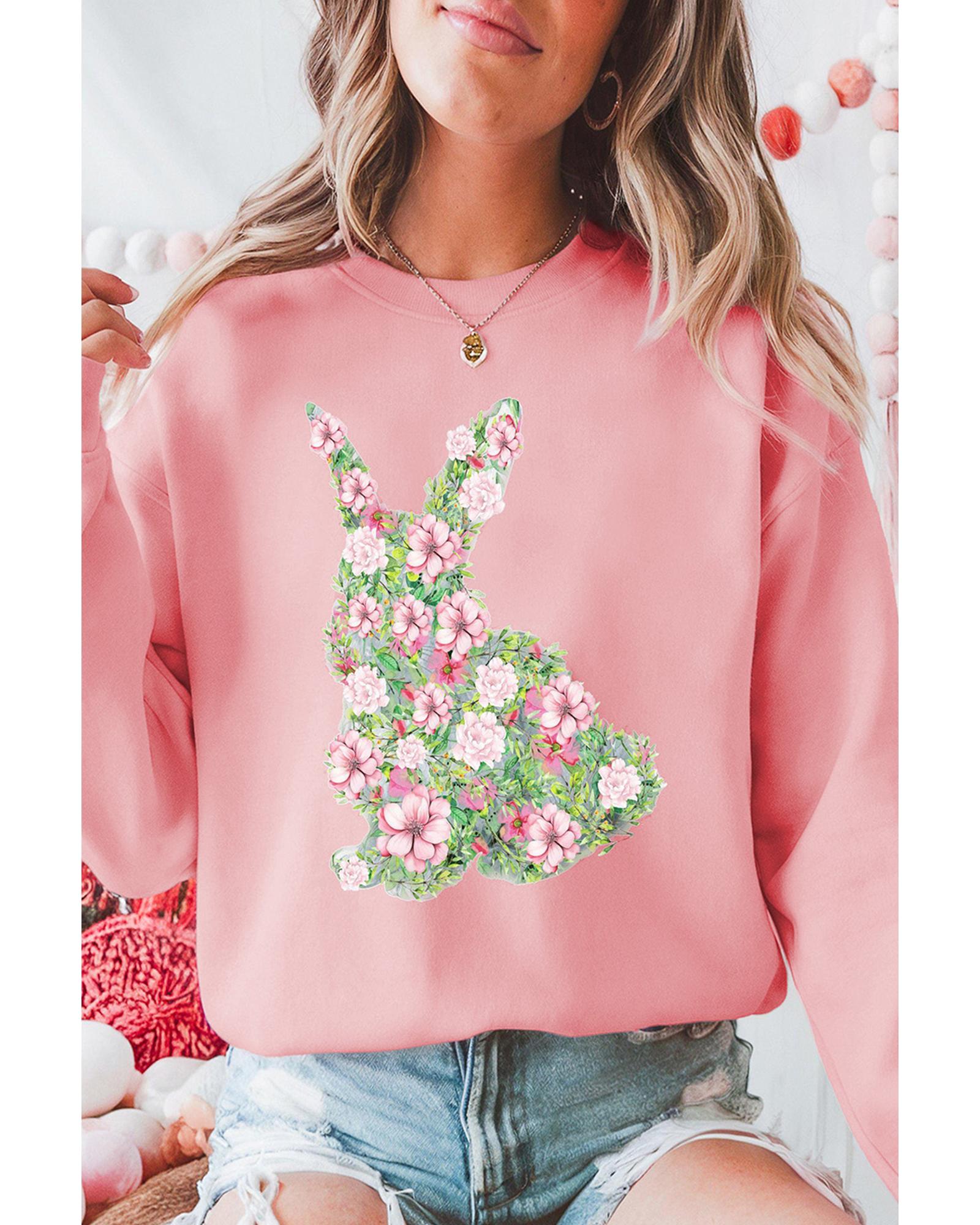 V539-AZEXDC25319446-10-2XL-202508281610-00 Pink Floral Bunny Printed Crewneck Easter Fashion Sweatshirt - 2XL - Image 1