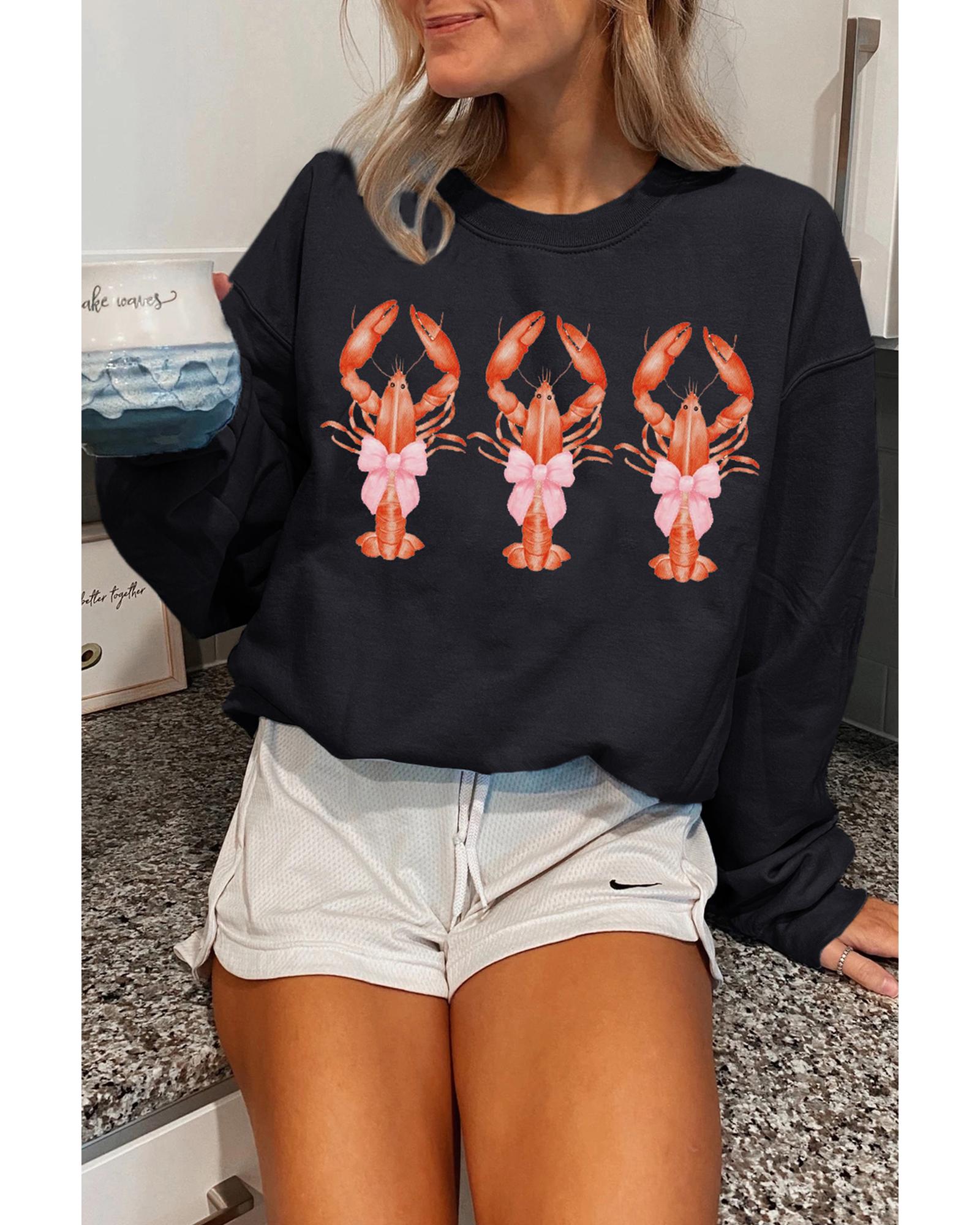 V539-AZEXDC25319461-2-S-202506130911-00 Black Cute Bow Crawfish Printed Drop Shoulder Sweatshirt - S - Image 1