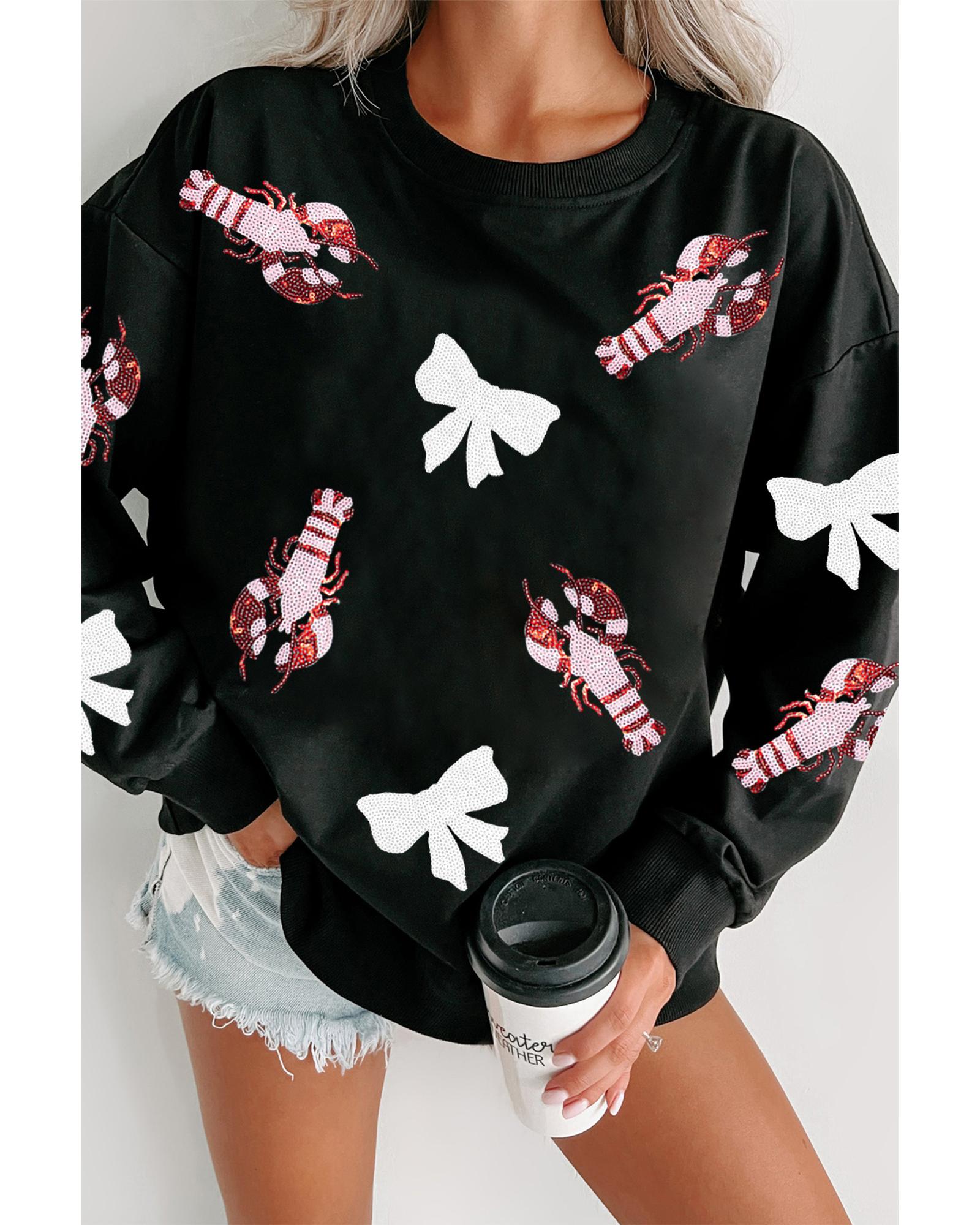 V539-AZEXDC25319463-2-M-202508291800-00 Black Crawfish Bow Sequin Patched Graphic Sweatshirt - M - Image 1