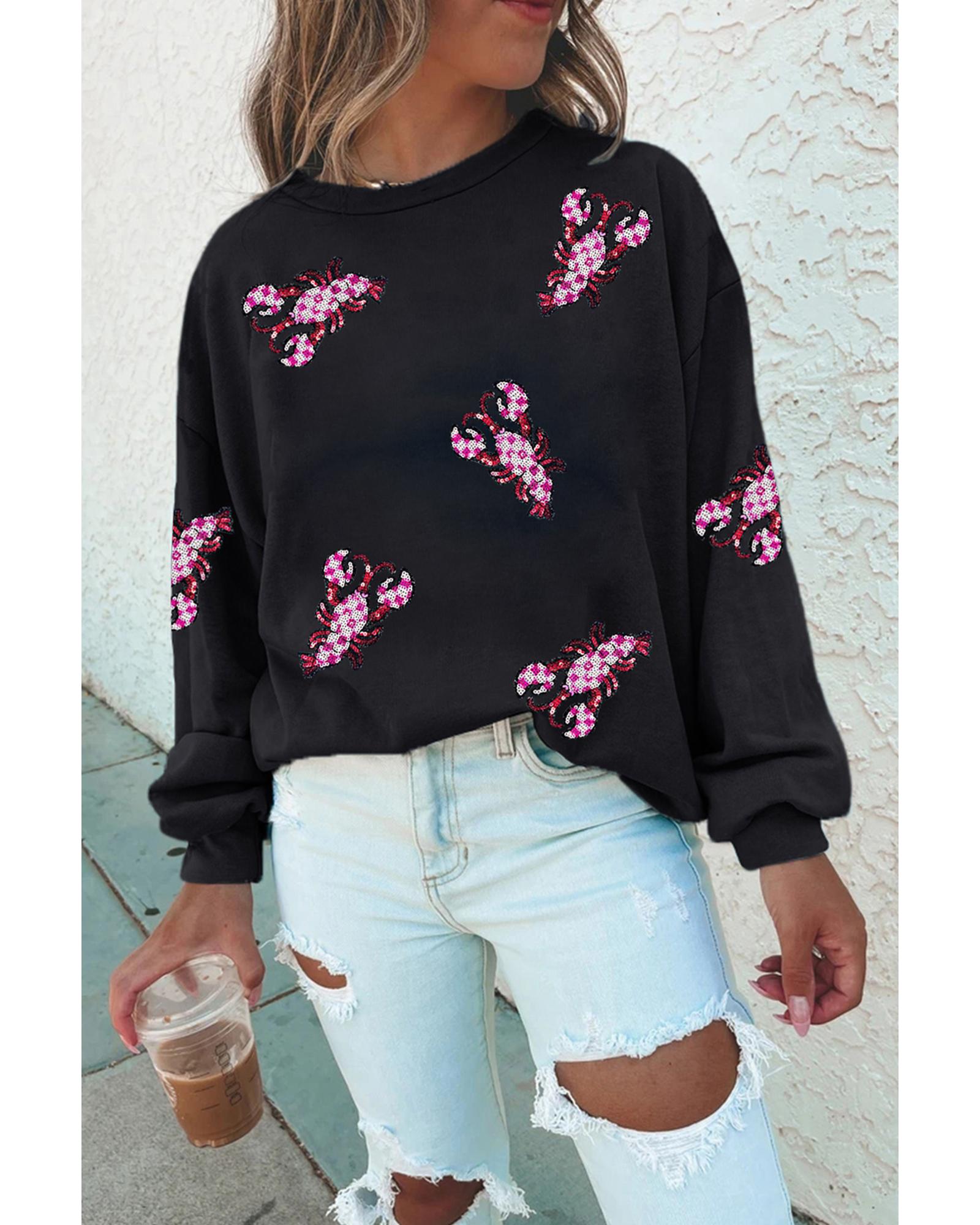 V539-AZEXDC25319483-2-S-202506130927-00 Black Sequined Crawfish Graphic Drop Shoulder Sweatshirt - S - Image 1