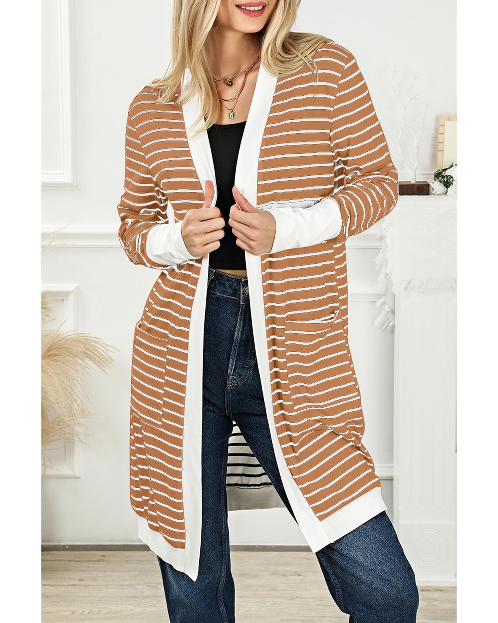 V539-AZEXDC2541971-17-2XL-202508291850-04 Brown Striped Side Pockets Open Front Cardigan - 2XL - Image 5