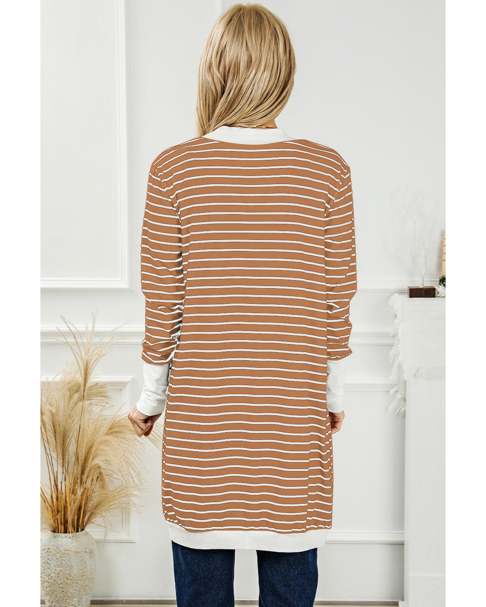 V539-AZEXDC2541971-17-L-202508292300-06 Brown Striped Side Pockets Open Front Cardigan - L - Image 7
