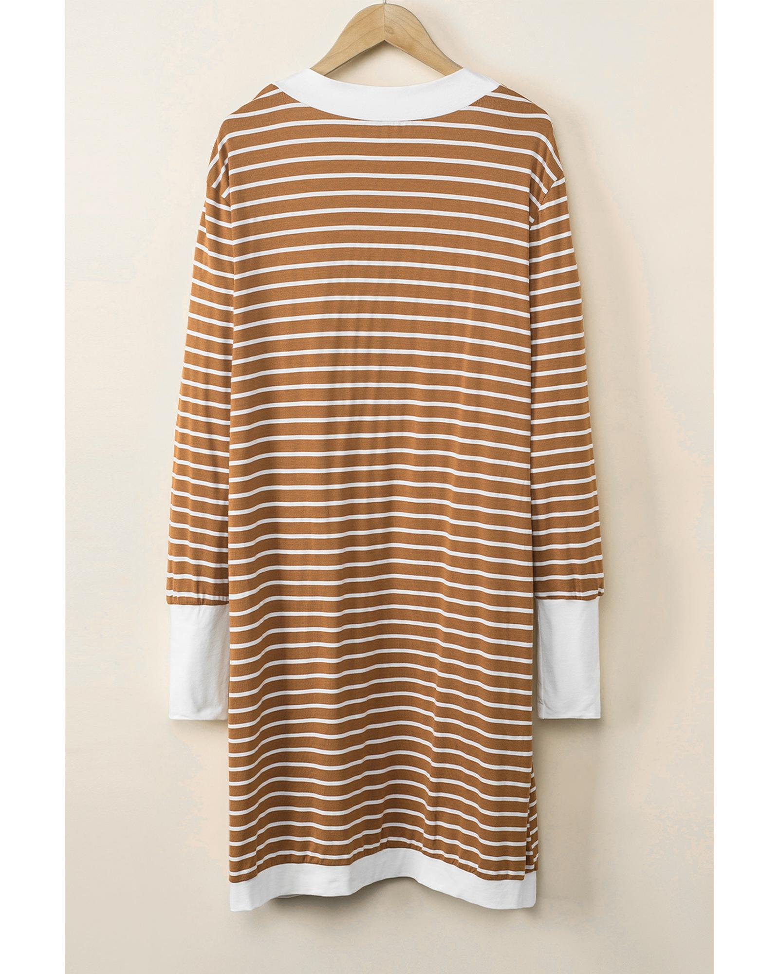 V539-AZEXDC2541971-17-XL-202508280115-04 Brown Striped Side Pockets Open Front Cardigan - XL - Image 5