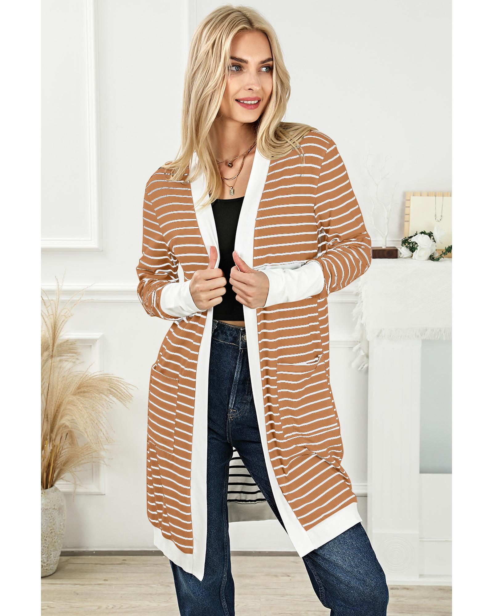 V539-AZEXDC2541971-17-XL-202508280115-06 Brown Striped Side Pockets Open Front Cardigan - XL - Image 7