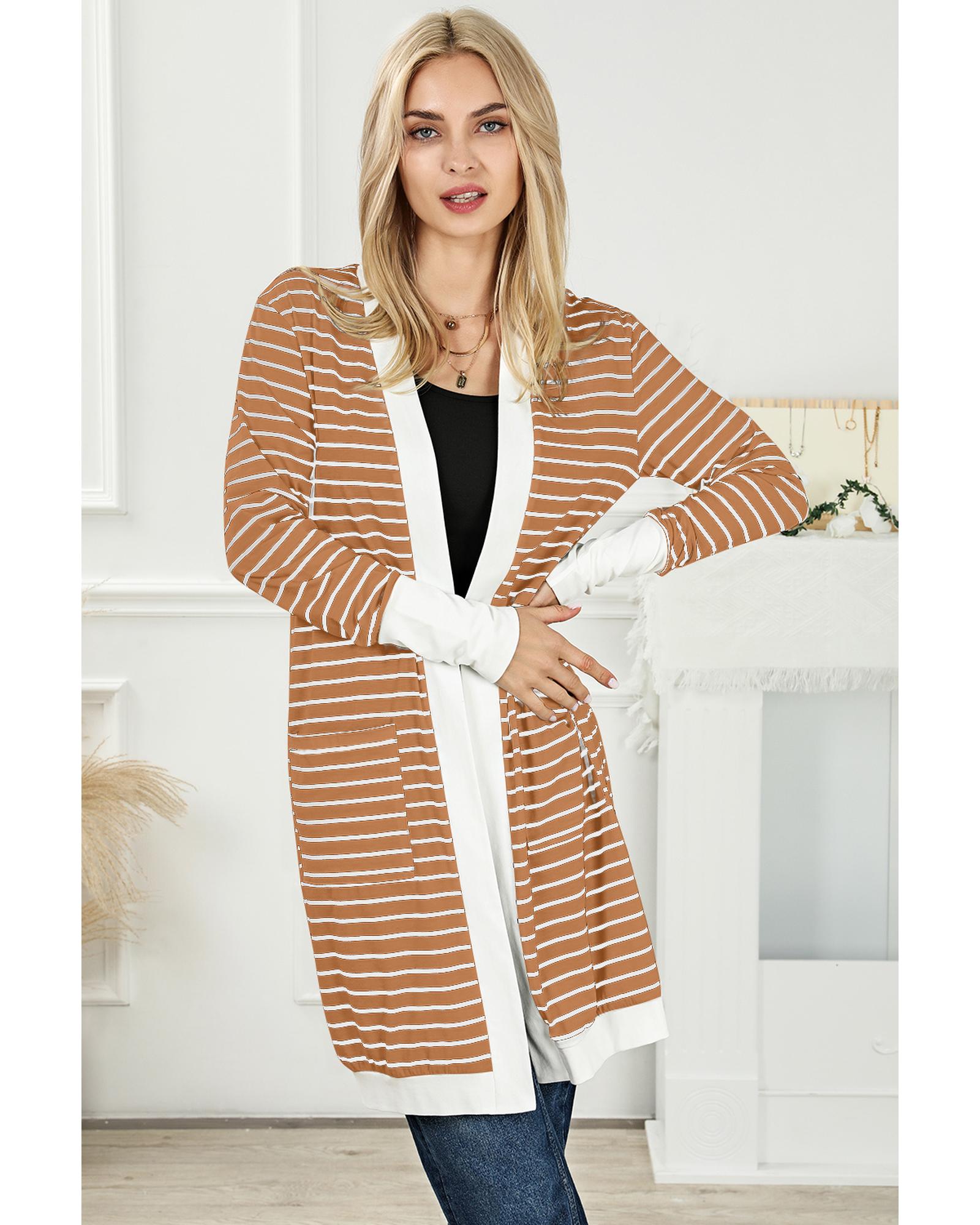 V539-AZEXDC2541971-17-XL-202508280115-07 Brown Striped Side Pockets Open Front Cardigan - XL - Image 8