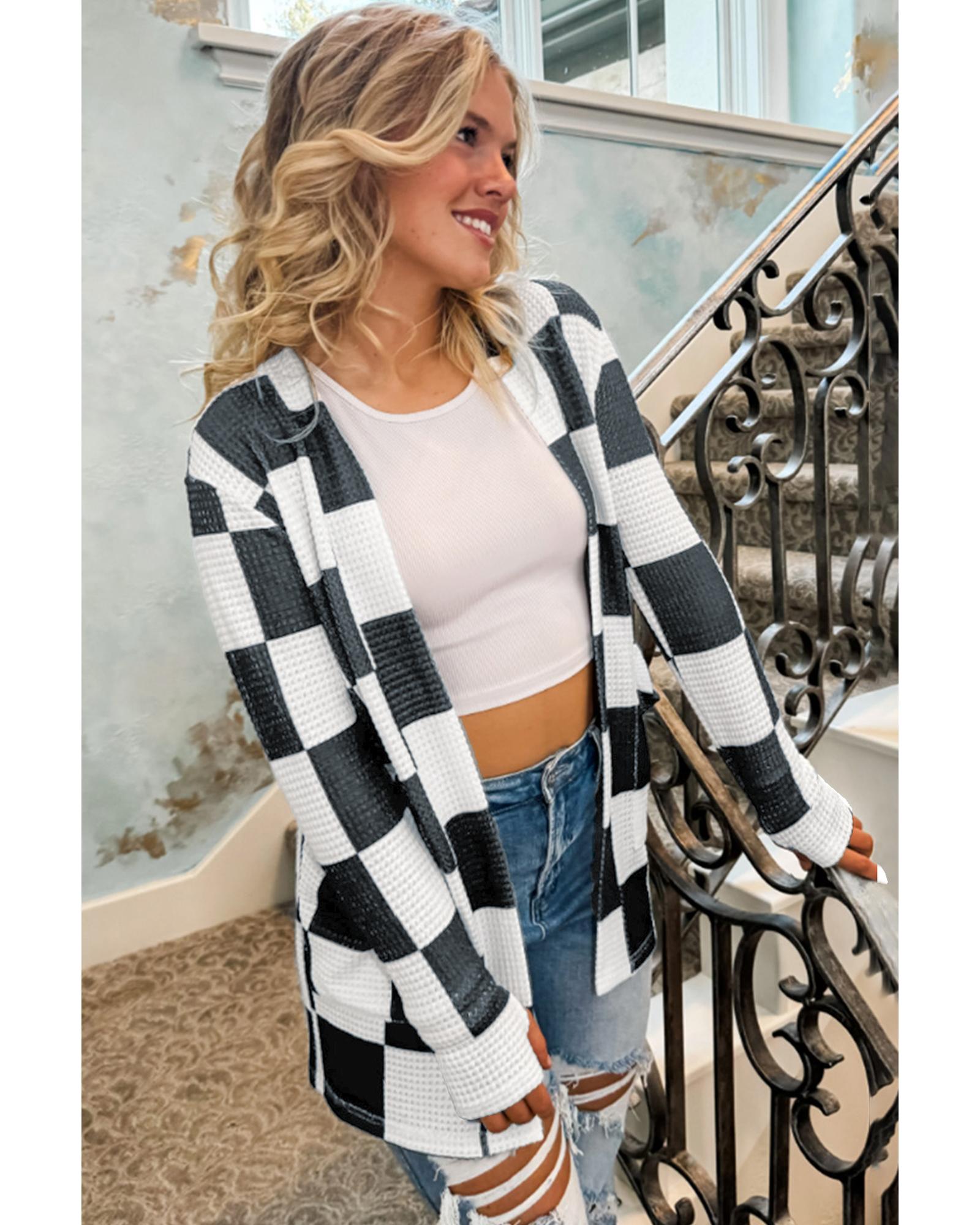 V539-AZEXDC2542480-P220-S-202506131246-01 Black Checkered Waffle Knit Thumbhole Open Front Cardigan - S - Image 2