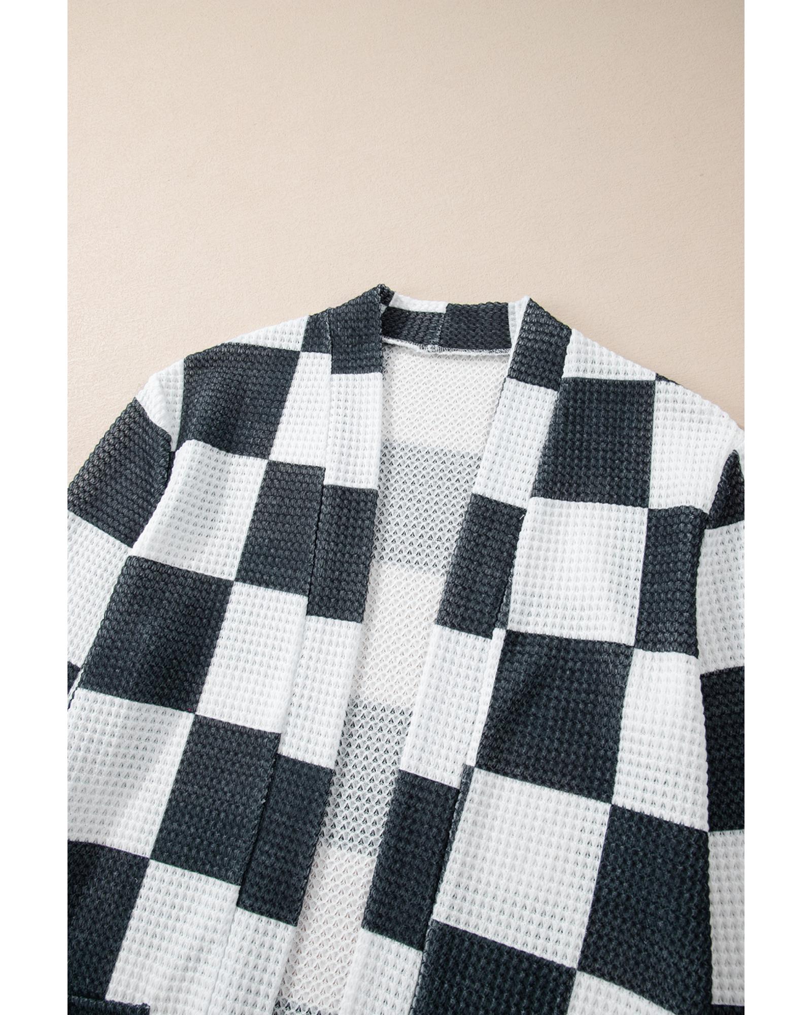 V539-AZEXDC2542480-P220-S-202506131246-03 Black Checkered Waffle Knit Thumbhole Open Front Cardigan - S - Image 4