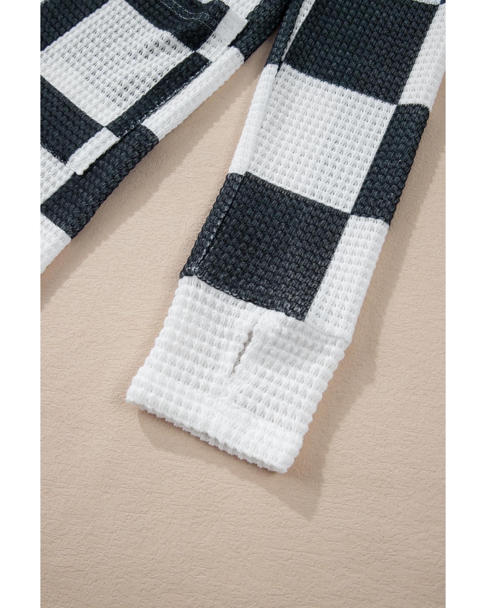 V539-AZEXDC2542480-P220-S-202506131246-04 Black Checkered Waffle Knit Thumbhole Open Front Cardigan - S - Image 5