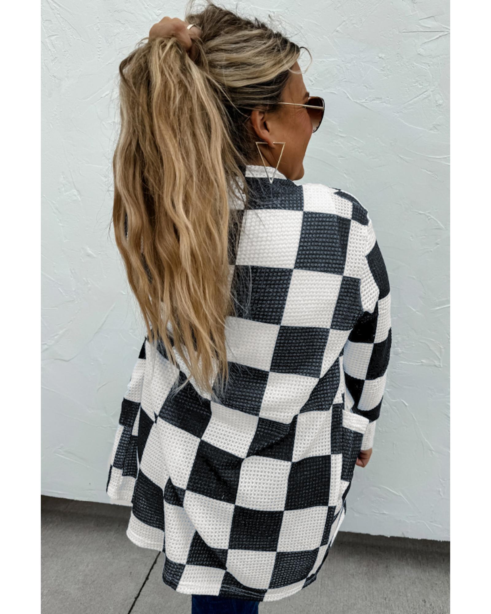 V539-AZEXDC2542480-P220-S-202506131246-05 Black Checkered Waffle Knit Thumbhole Open Front Cardigan - S - Image 6