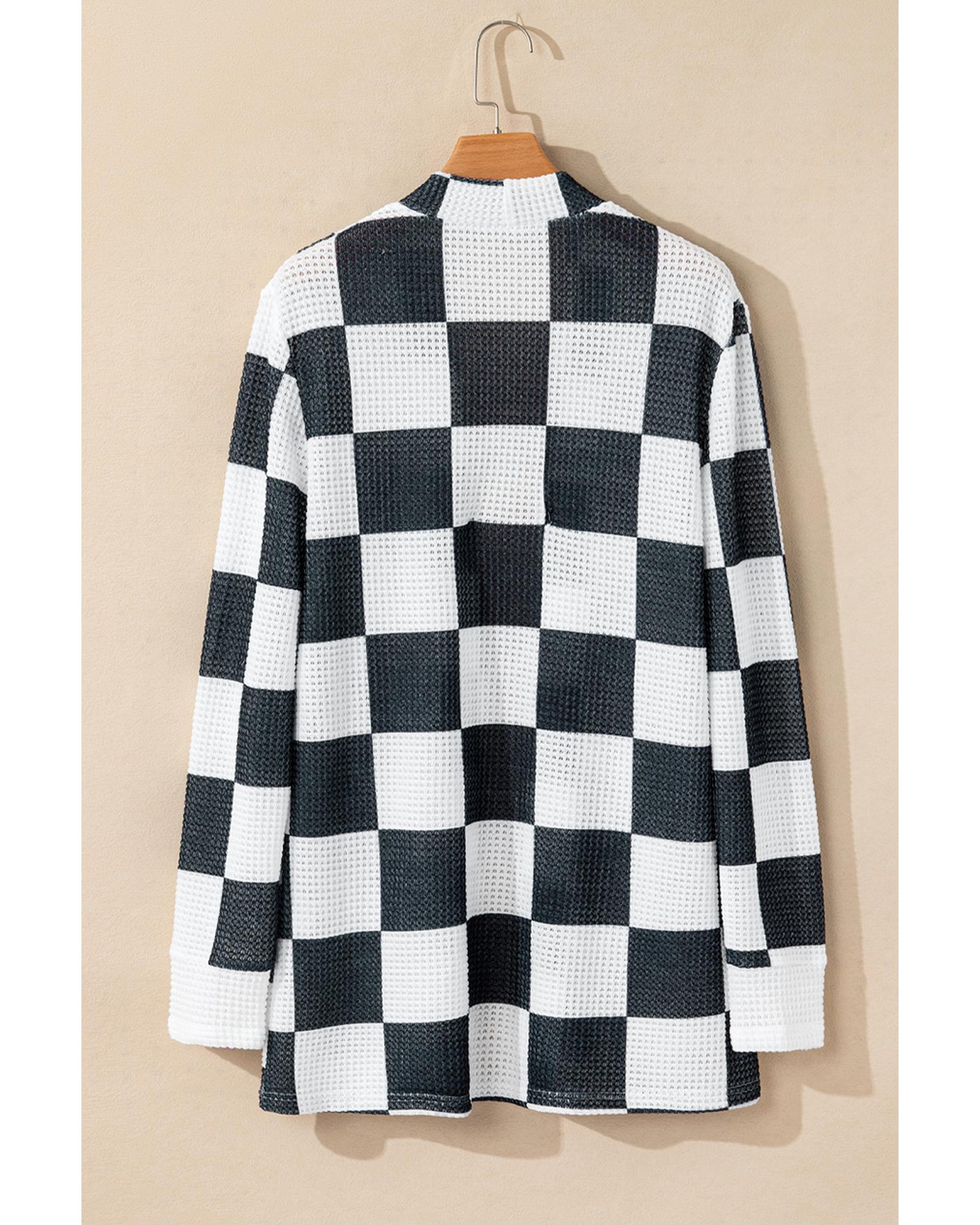 V539-AZEXDC2542480-P220-S-202506131246-06 Black Checkered Waffle Knit Thumbhole Open Front Cardigan - S - Image 7