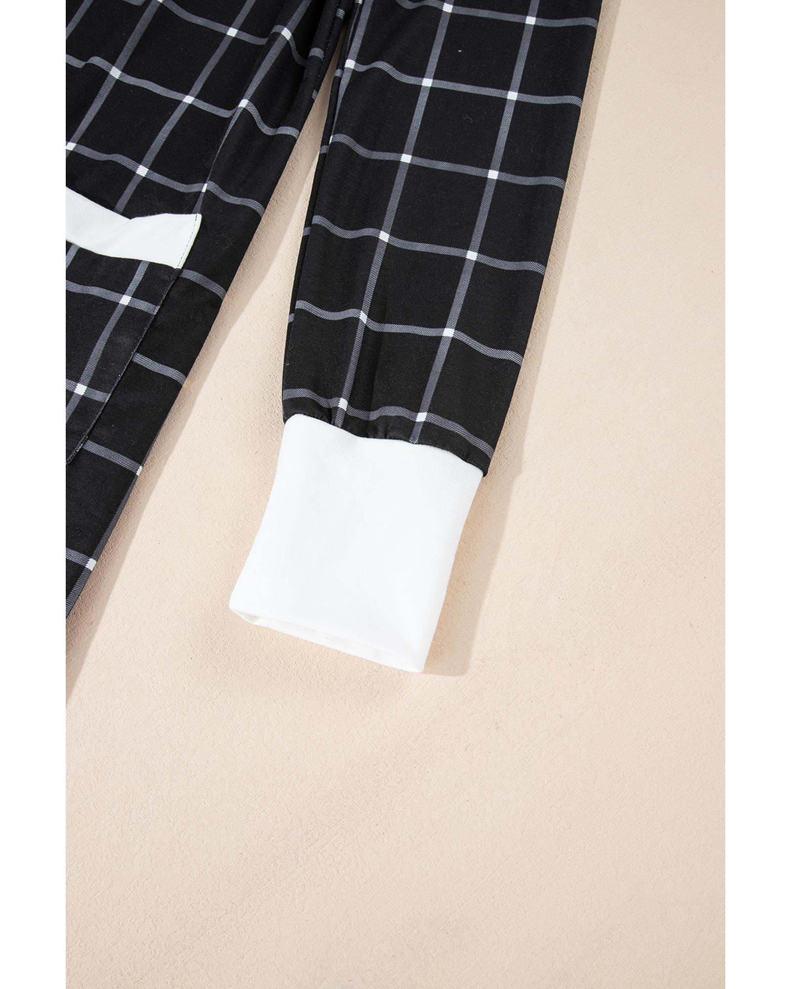 V539-AZEXDC2542503-P220-L-202508280315-01 Black Plaid Colorblock Edge Open Cardigan with Pocket - L - Image 2