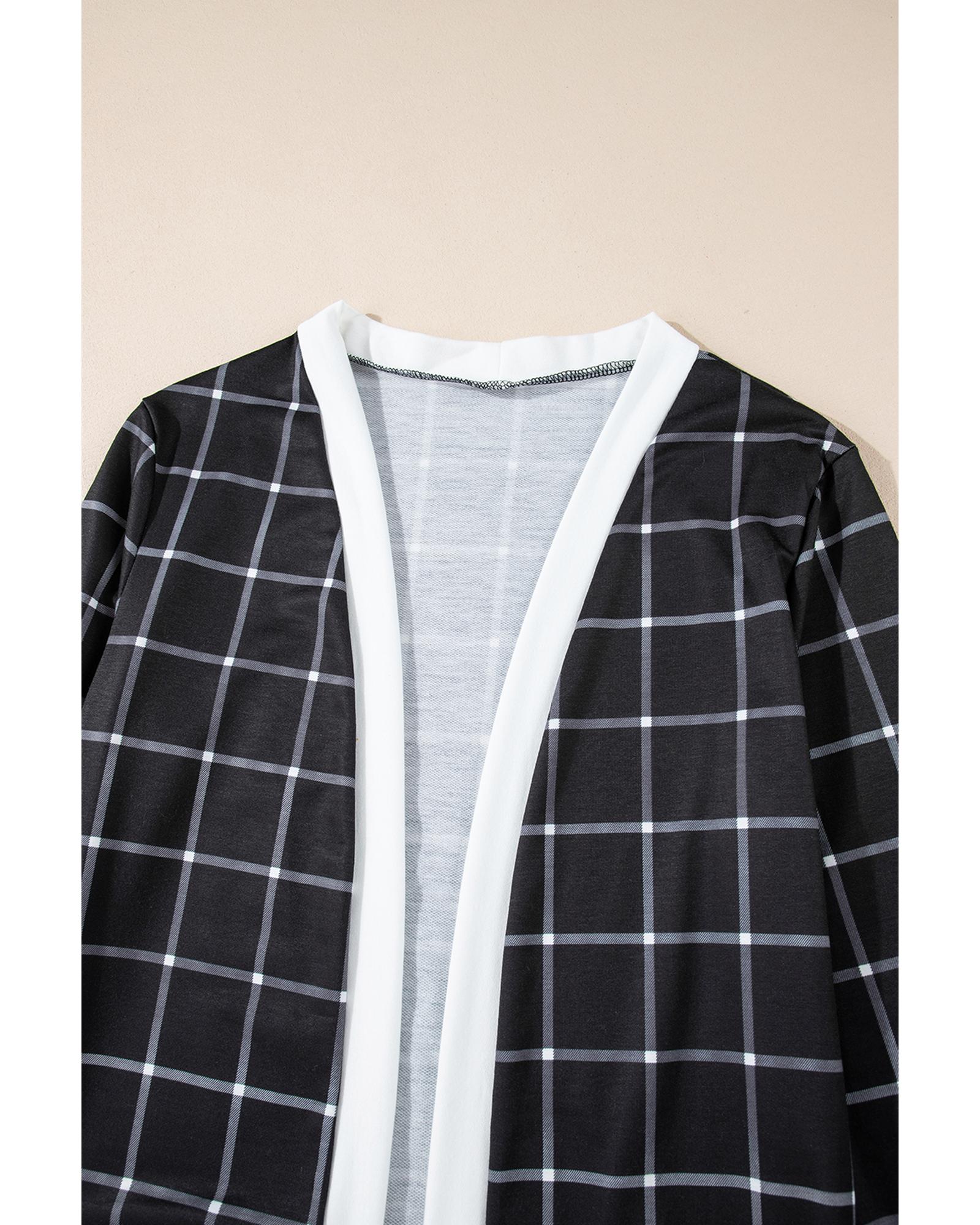 V539-AZEXDC2542503-P220-L-202508280315-03 Black Plaid Colorblock Edge Open Cardigan with Pocket - L - Image 4