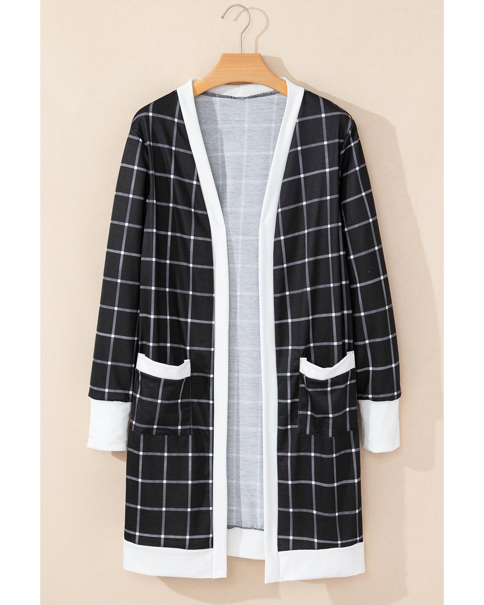 V539-AZEXDC2542503-P220-L-202508280315-04 Black Plaid Colorblock Edge Open Cardigan with Pocket - L - Image 5
