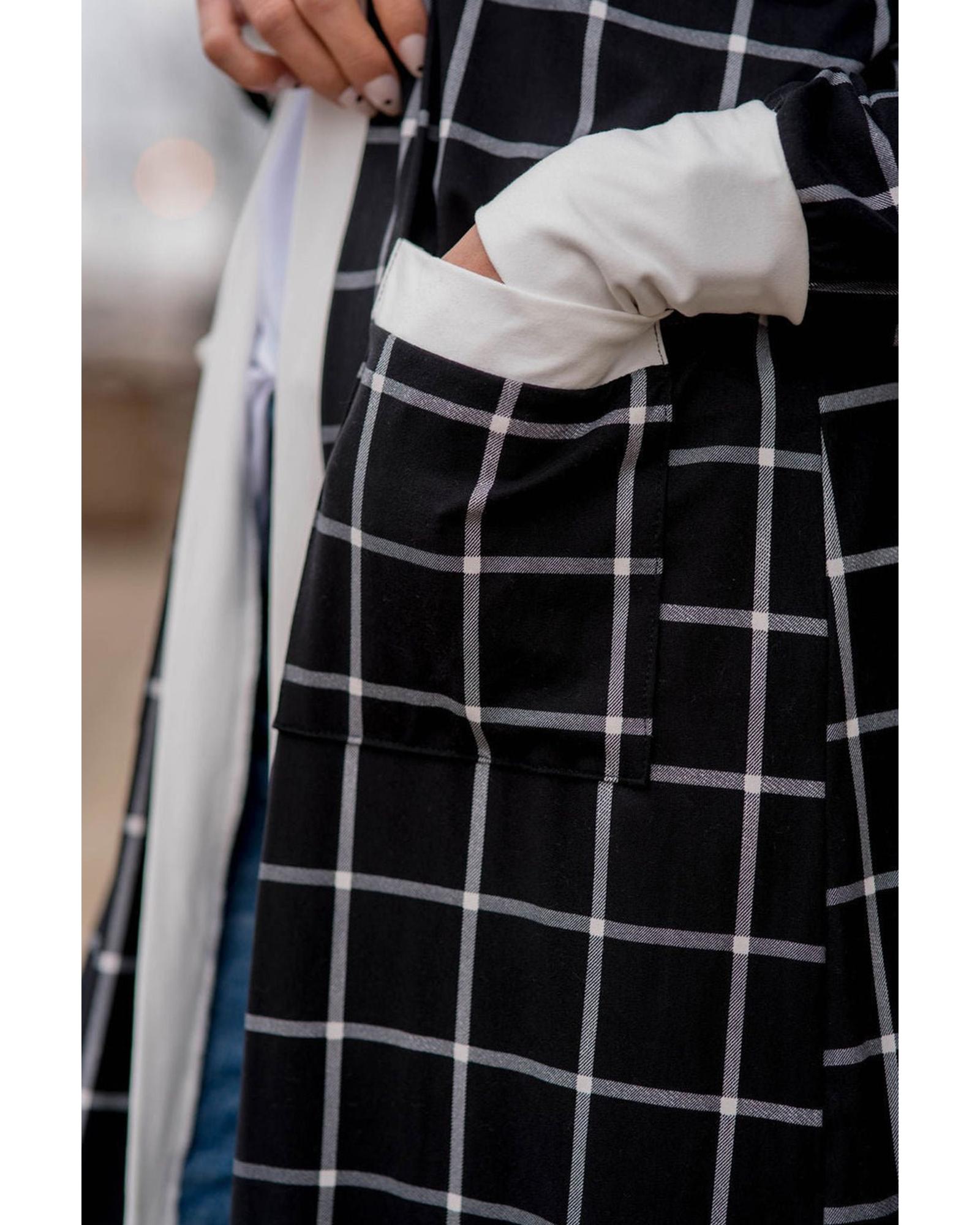 V539-AZEXDC2542503-P220-L-202508280315-06 Black Plaid Colorblock Edge Open Cardigan with Pocket - L - Image 7