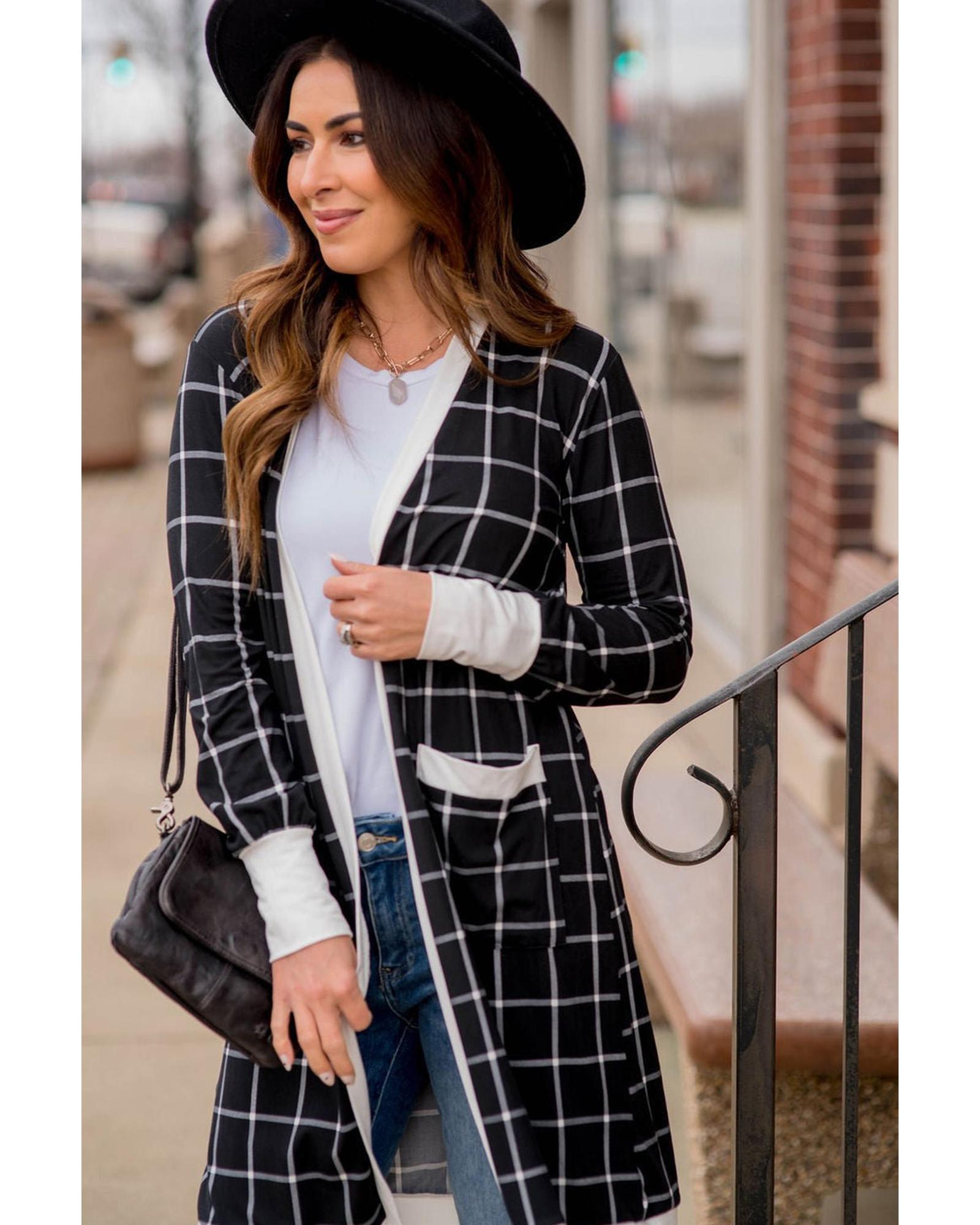 V539-AZEXDC2542503-P220-L-202508280315-07 Black Plaid Colorblock Edge Open Cardigan with Pocket - L - Image 8