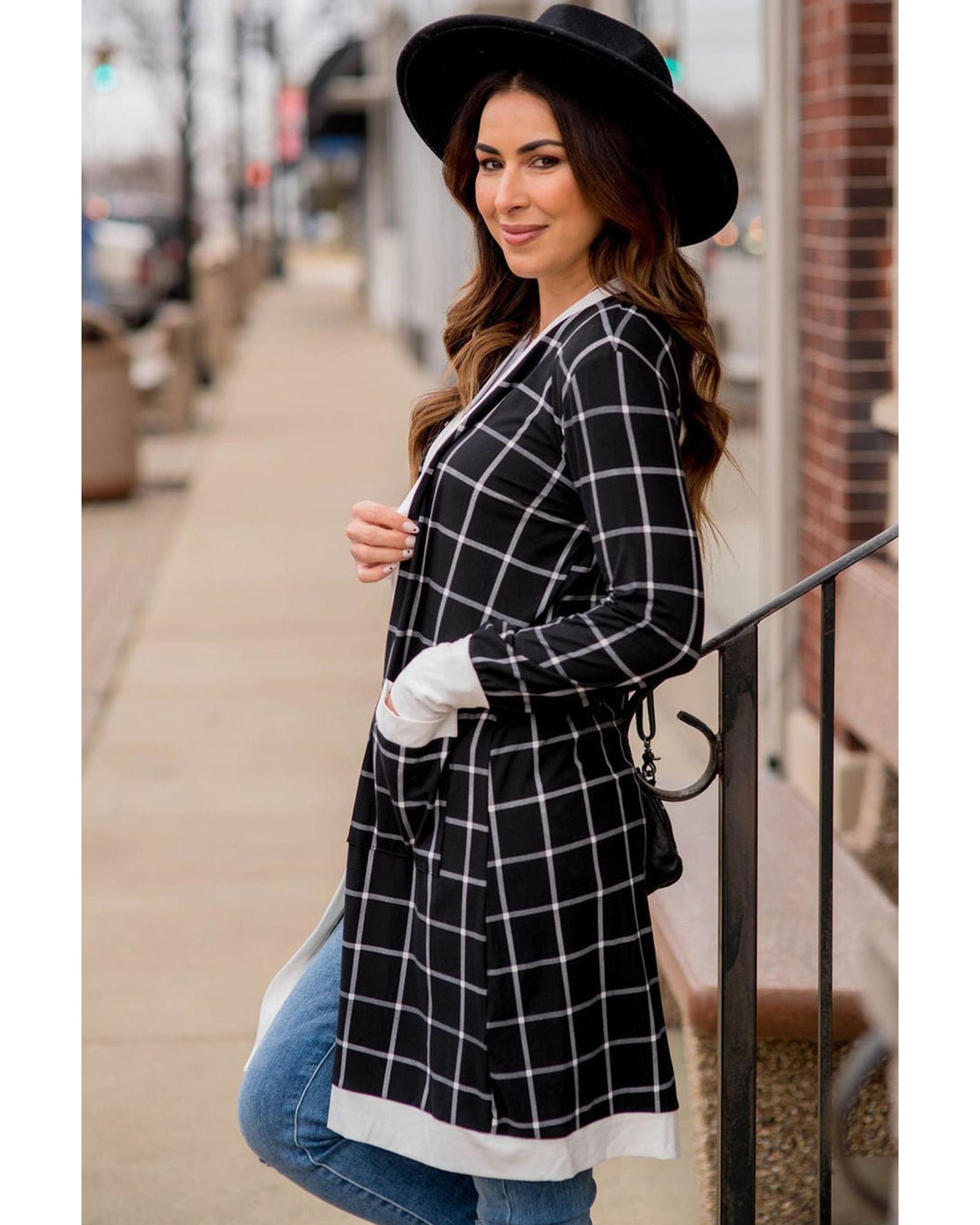 V539-AZEXDC2542503-P220-S-202506130742-02 Black Plaid Colorblock Edge Open Cardigan with Pocket - S - Image 3
