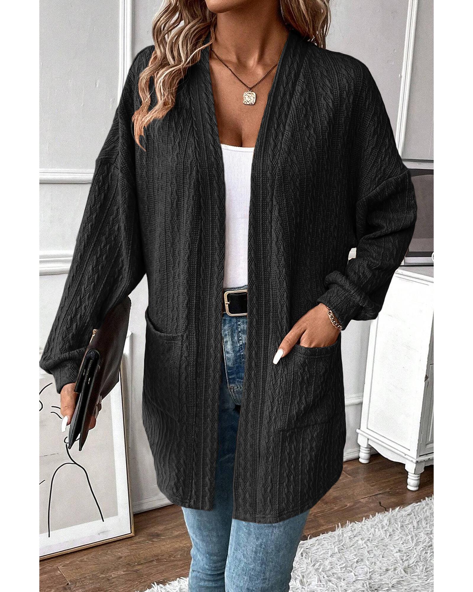 V539-AZEXDC2542524-P2-S-202506130822-01 Black Textured Knit Side Pockets Open Front Cardigan - S - Image 2