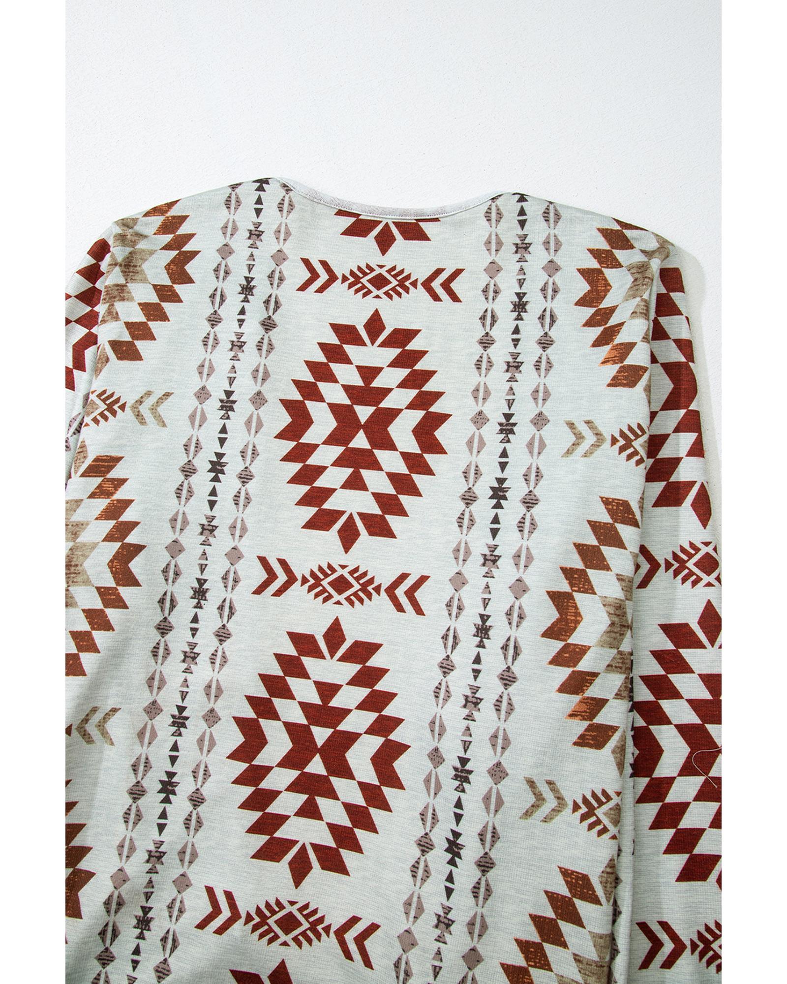 V539-AZEXDC2542552-P1720-M-202508282015-01 Brown Western Aztec Printed Open Front Long Cardigan - M - Image 2
