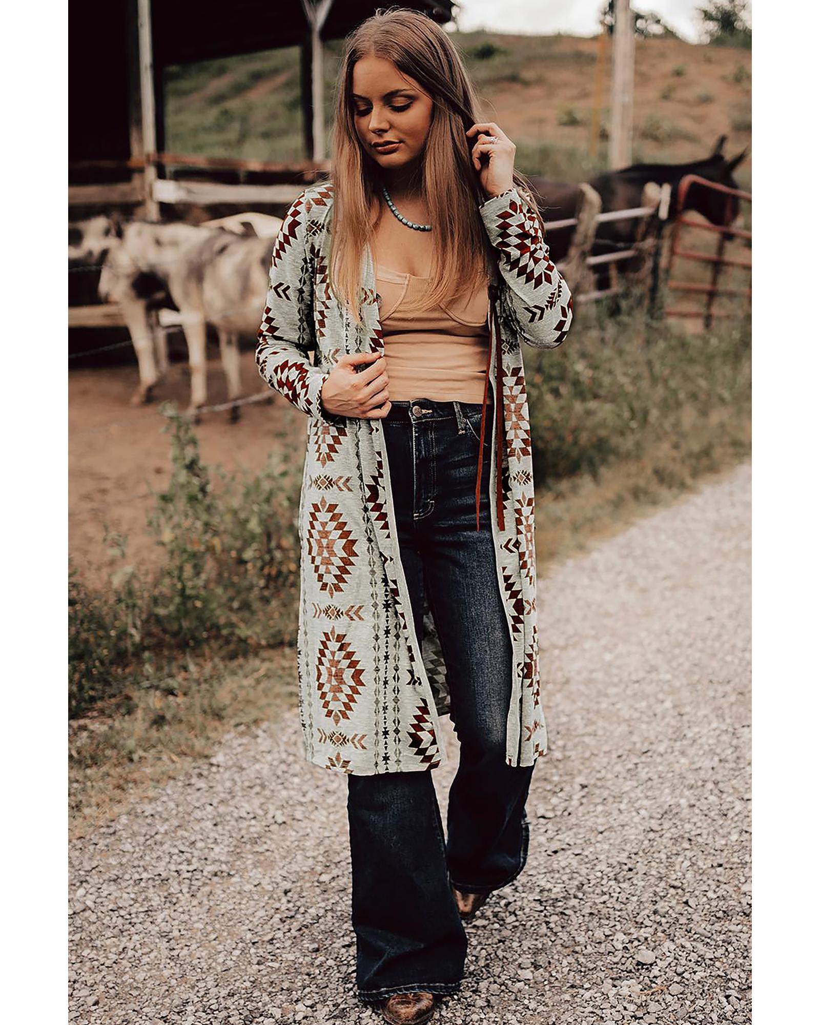 V539-AZEXDC2542552-P1720-M-202508282015-02 Brown Western Aztec Printed Open Front Long Cardigan - M - Image 3