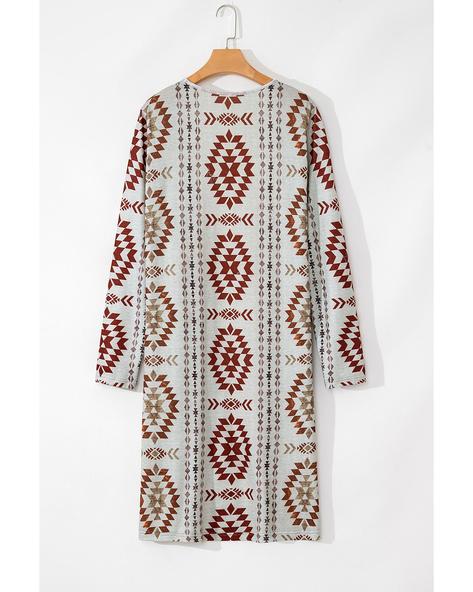 V539-AZEXDC2542552-P1720-M-202508282015-05 Brown Western Aztec Printed Open Front Long Cardigan - M - Image 6