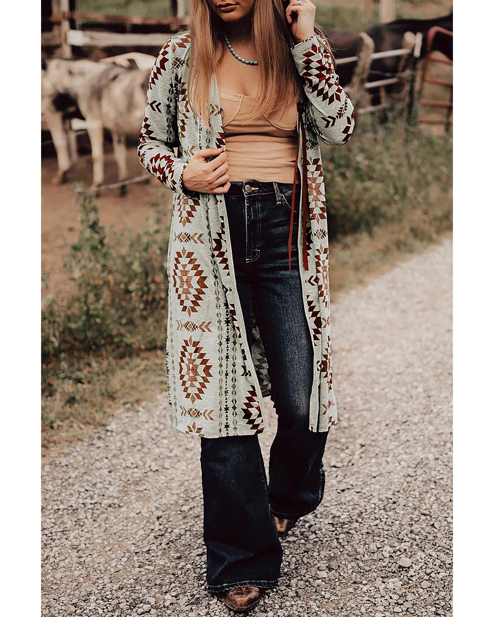 V539-AZEXDC2542552-P1720-M-202508282015-06 Brown Western Aztec Printed Open Front Long Cardigan - M - Image 7