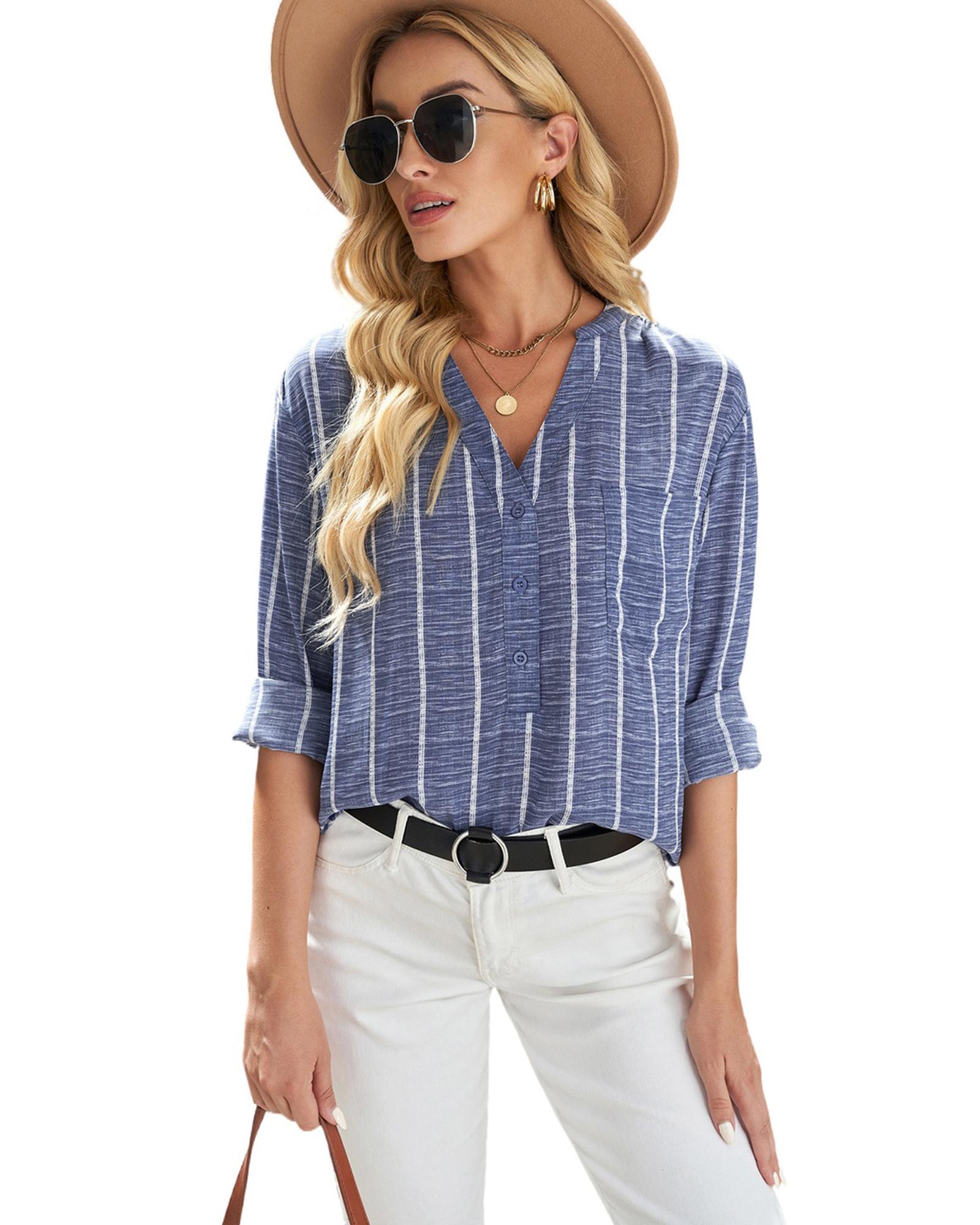V539-AZEXDC2551025-5-S-202508290810-07 Azura Exchange Striped V Neck Pocket Long Sleeve Top - S - Image 8