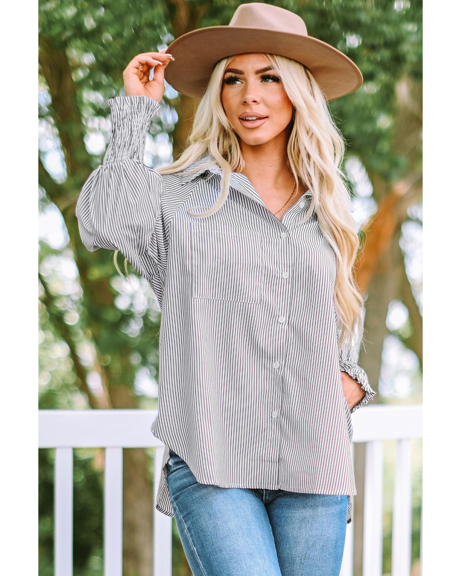 V539-AZEXDC2552685-2-2XL-202508291010-00 Azura Exchange Striped Boyfriend Shirt with Smocked Cuffs and Pocket - 2XL - Image 1