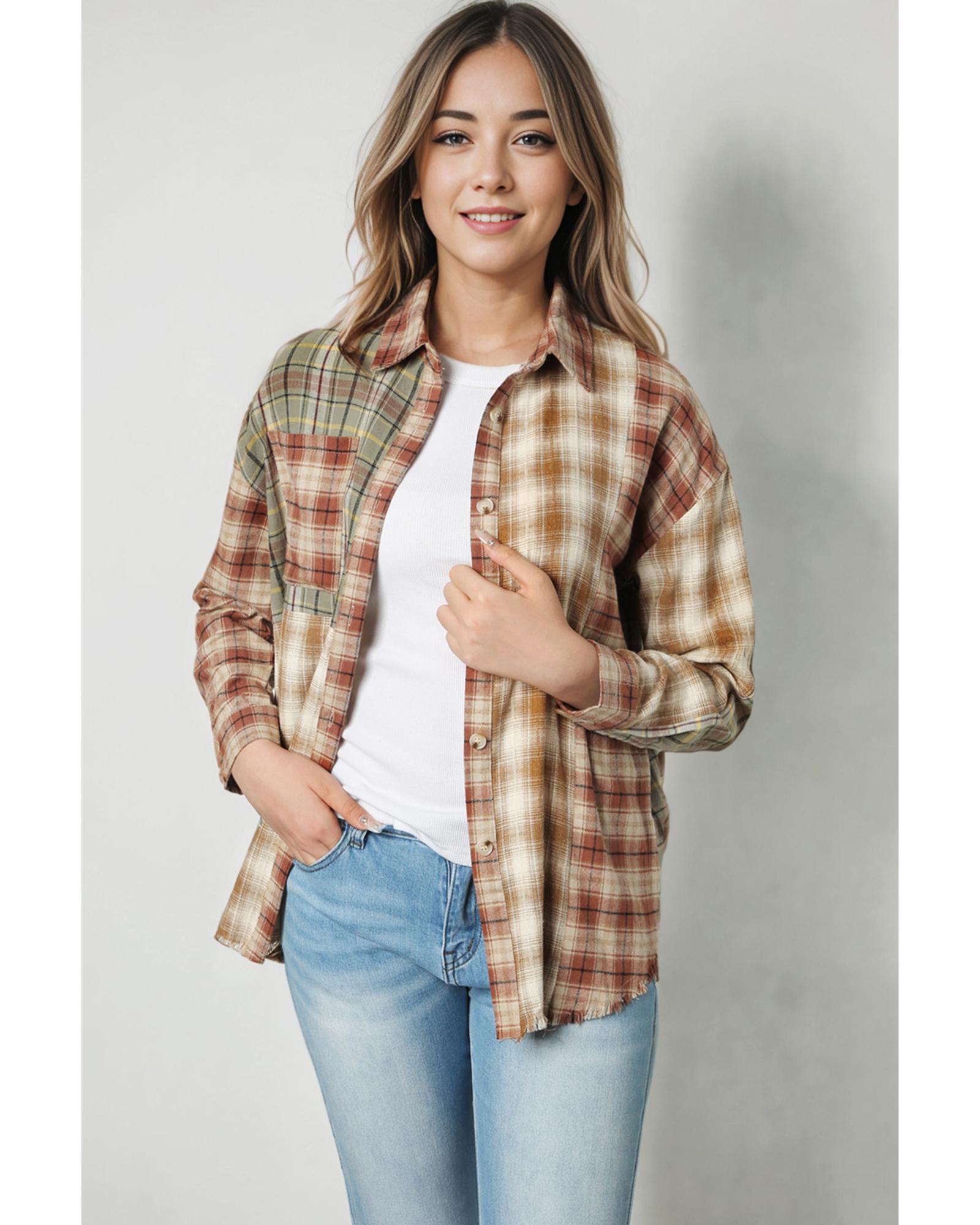 V539-AZEXDC2553777-17-XL-202508281135-01 Brown Multi Plaid Patchwork Raw Edge Casual Shirt - XL - Image 2