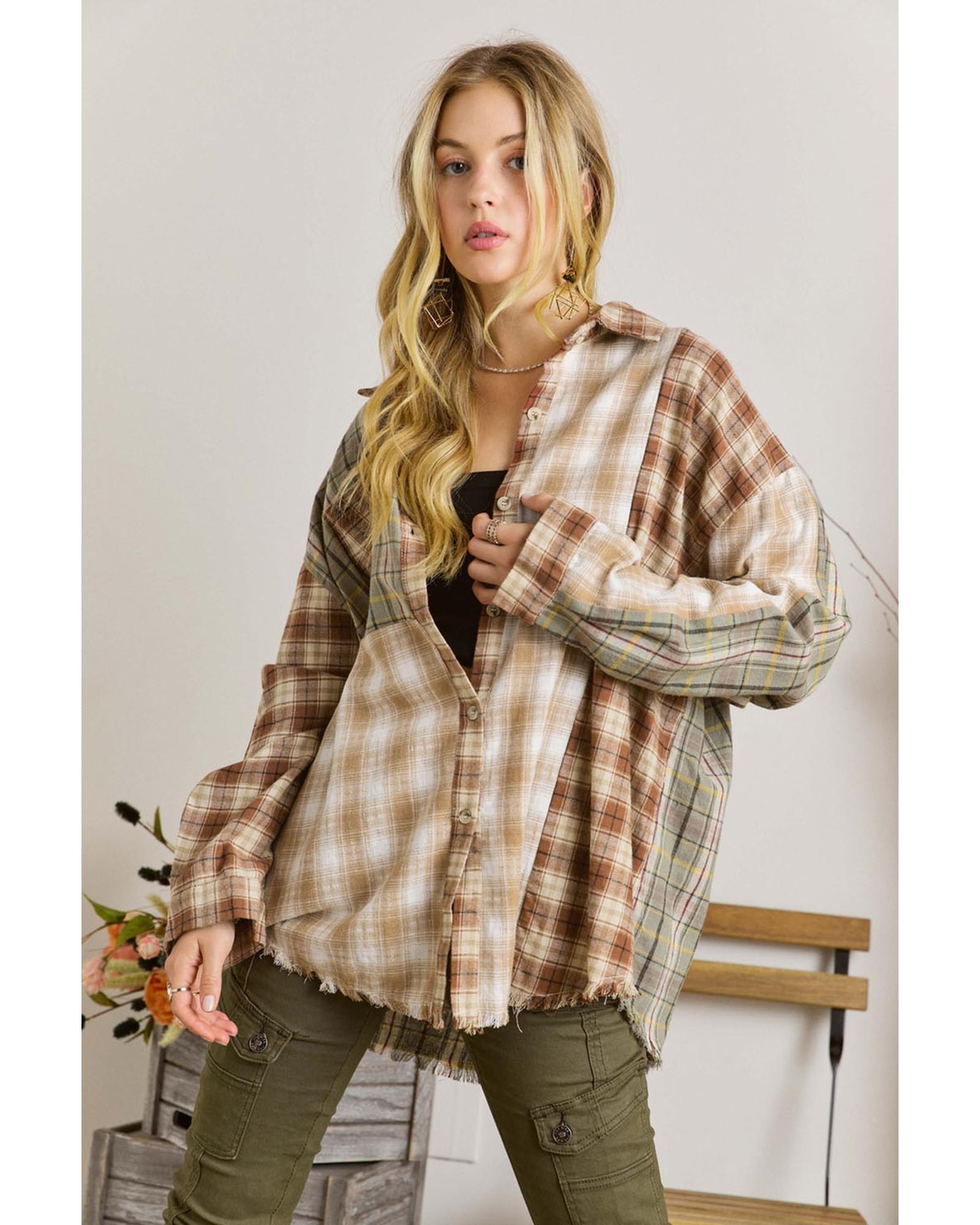 V539-AZEXDC2553777-17-XL-202508281135-04 Brown Multi Plaid Patchwork Raw Edge Casual Shirt - XL - Image 5