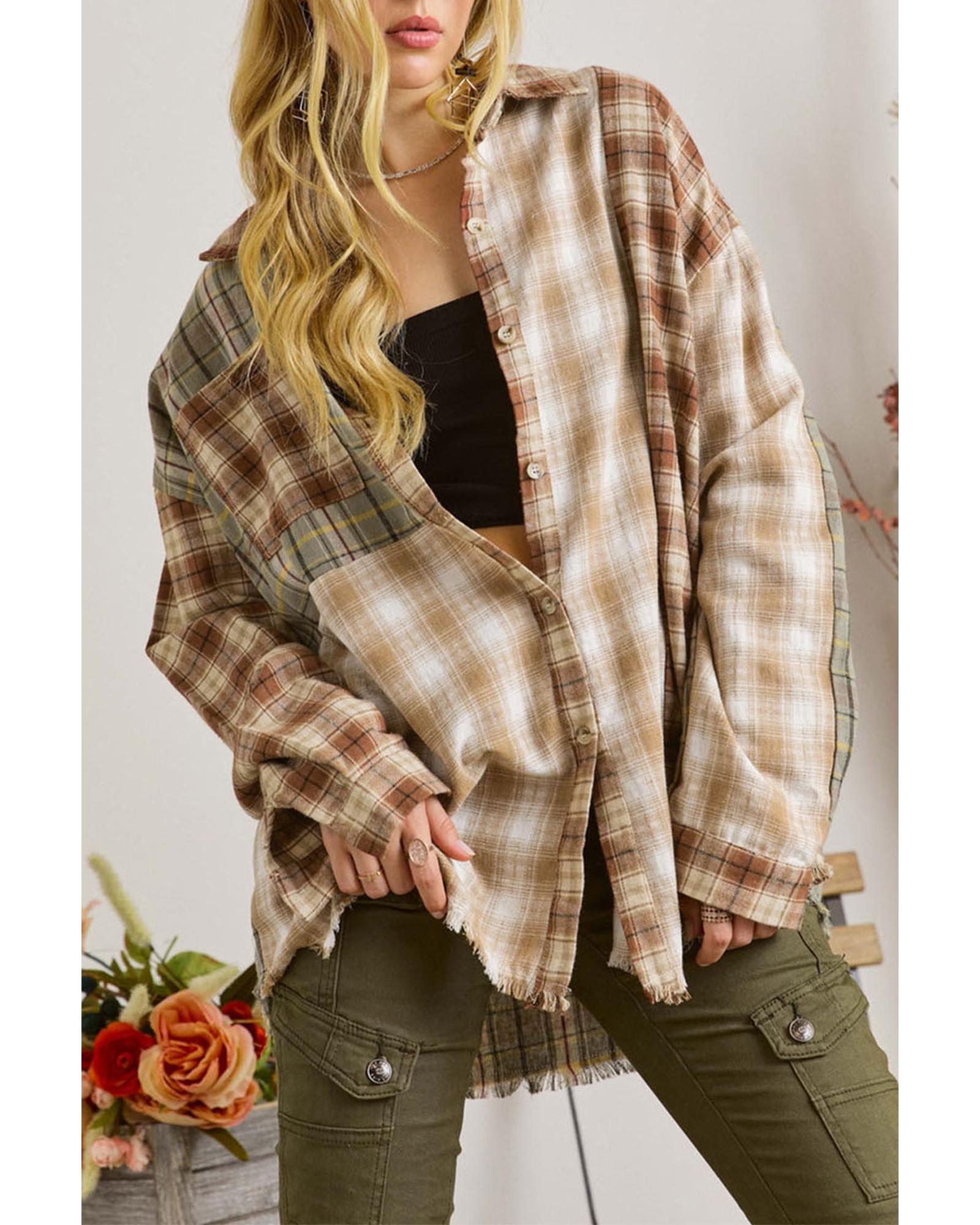 V539-AZEXDC2553777-17-XL-202508281135-05 Brown Multi Plaid Patchwork Raw Edge Casual Shirt - XL - Image 6