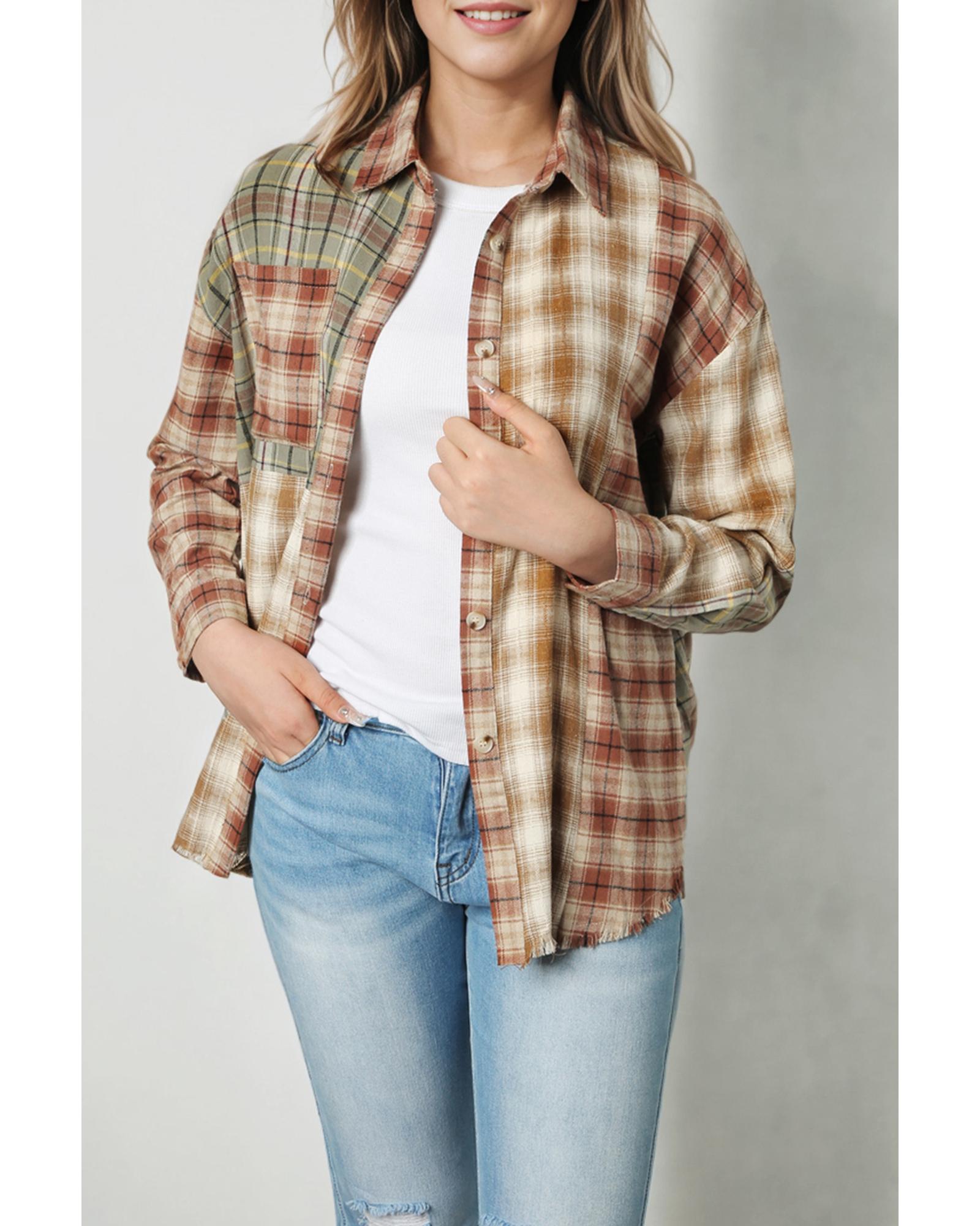 V539-AZEXDC2553777-17-XL-202508281135-06 Brown Multi Plaid Patchwork Raw Edge Casual Shirt - XL - Image 7