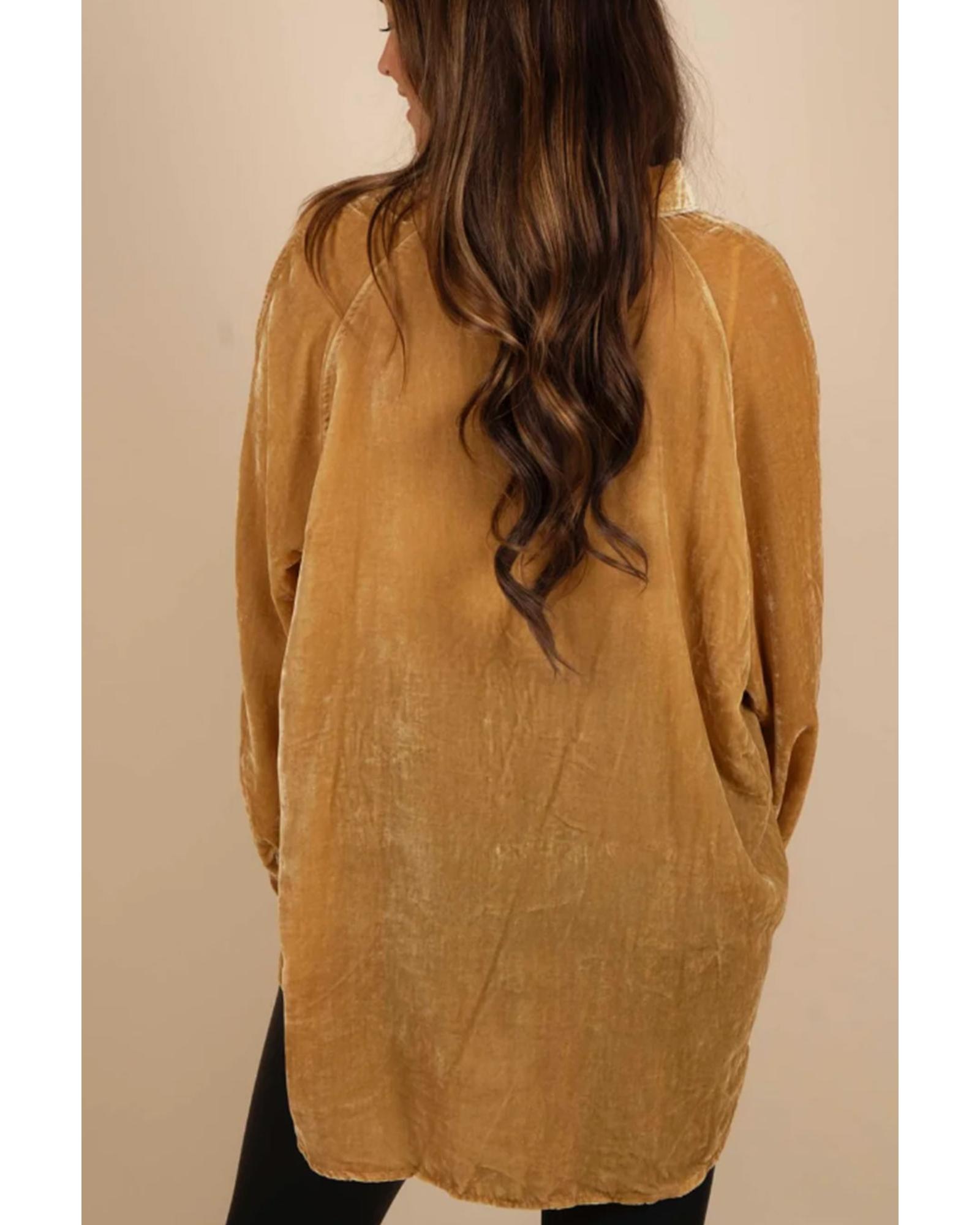 V539-AZEXDC2553850-12-S-202506130942-01 Gold Solid Color Button Up Loose Fit Velvet Shirt - S - Image 2