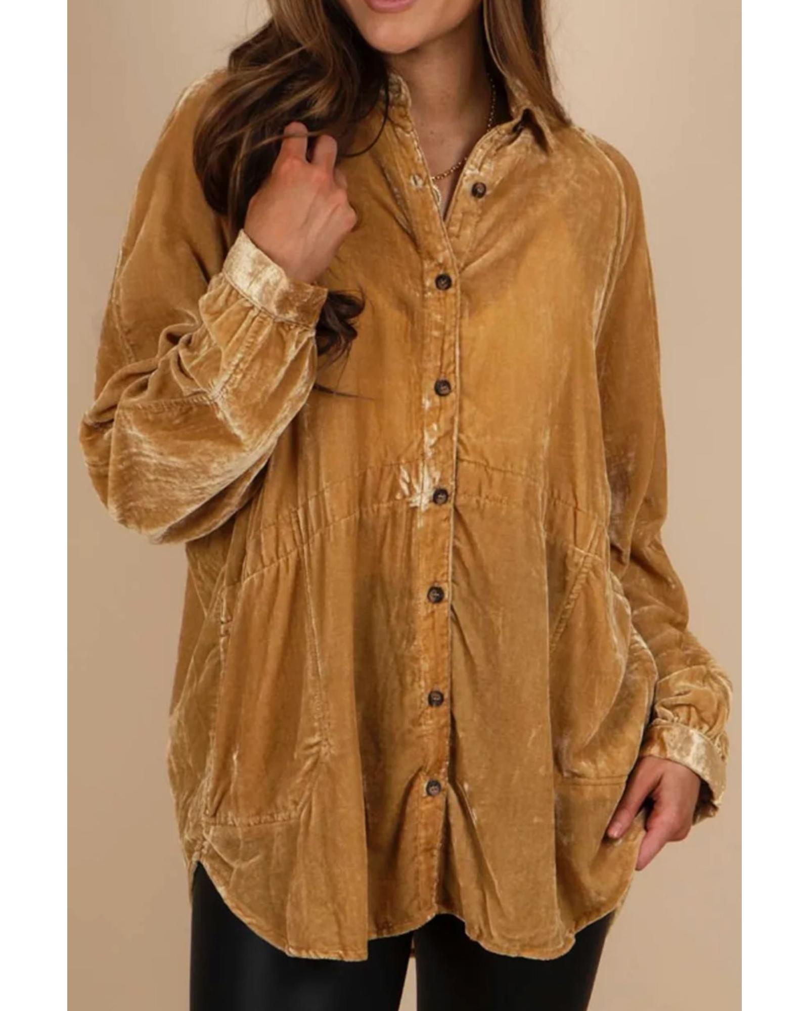 V539-AZEXDC2553850-12-S-202506130942-02 Gold Solid Color Button Up Loose Fit Velvet Shirt - S - Image 3