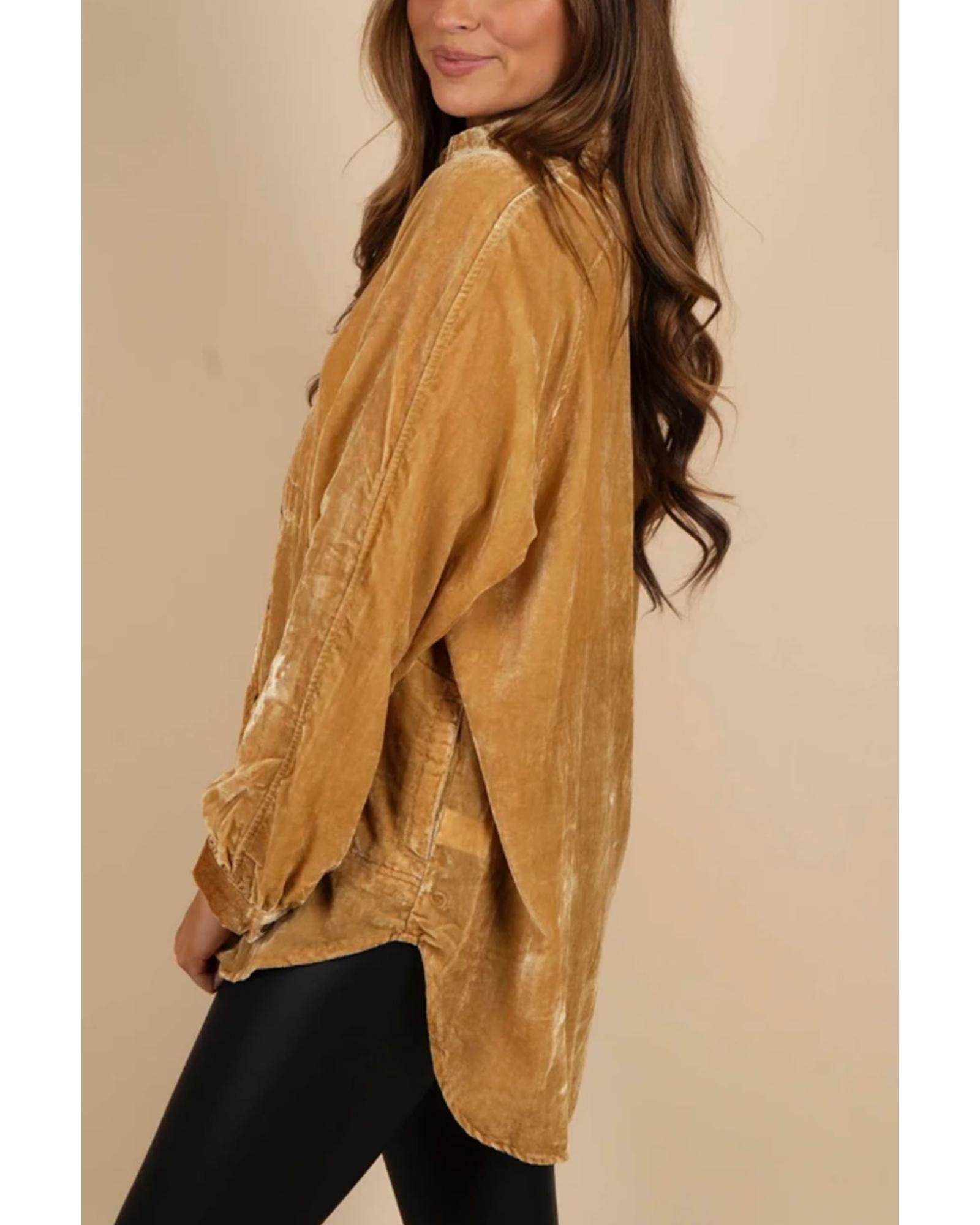 V539-AZEXDC2553850-12-S-202506130942-03 Gold Solid Color Button Up Loose Fit Velvet Shirt - S - Image 4