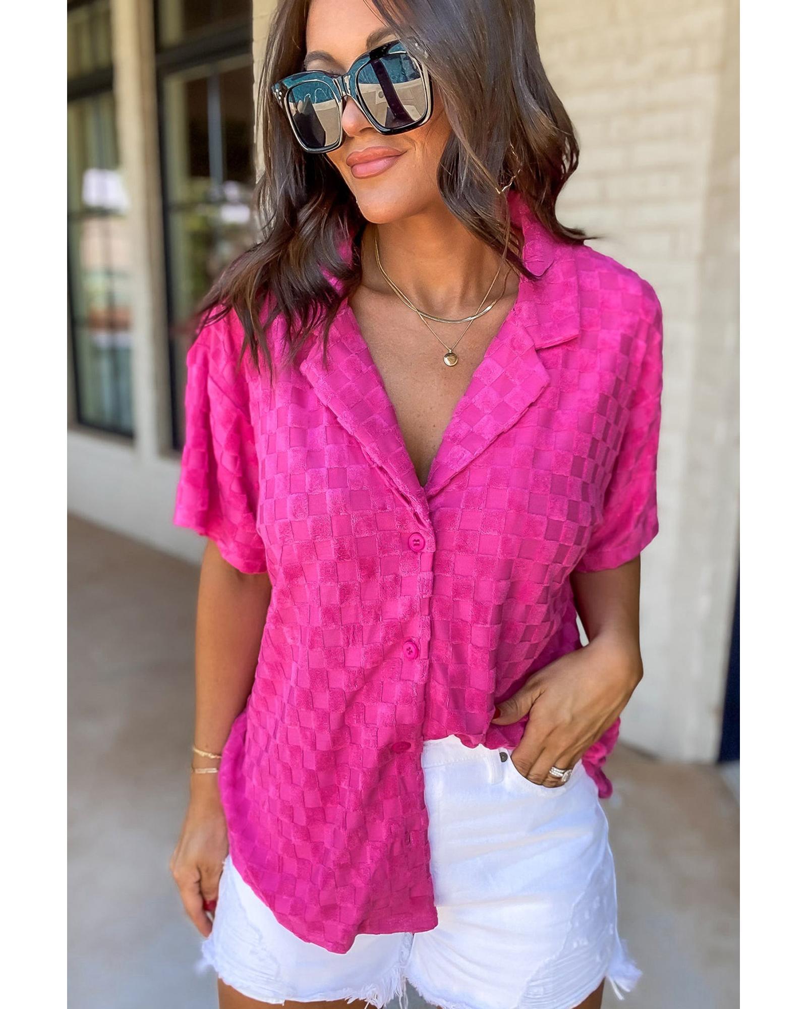 V539-AZEXDC2554539-P106-XL-202508280520-00 Bright Pink Lapel Neck Checkered Textured Short Sleeve Shirt - XL - Image 1