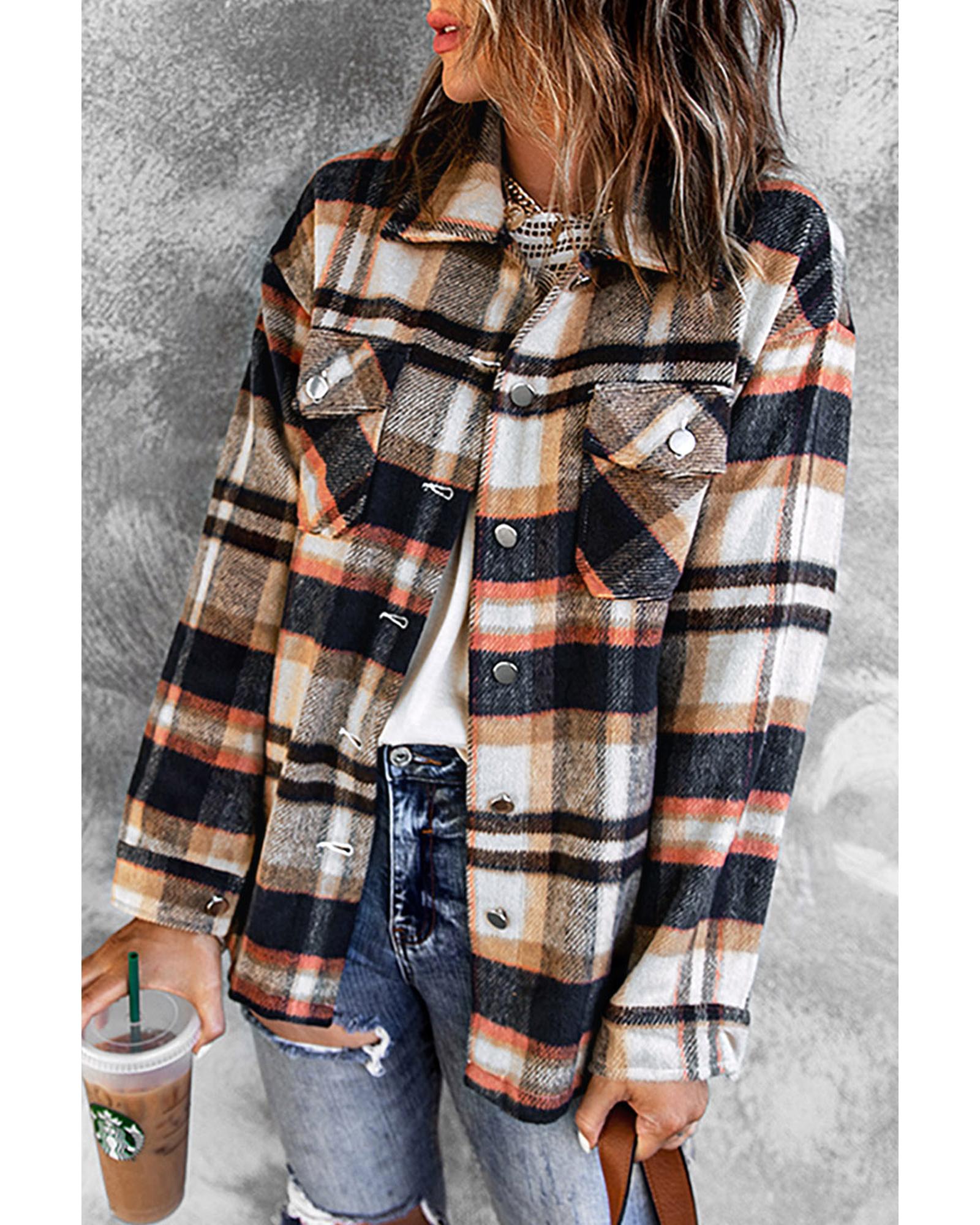 V539-AZEXDC255462-5-L-202508272050-00 Geometric Plaid Print Pocketed Shacket - L - Image 1