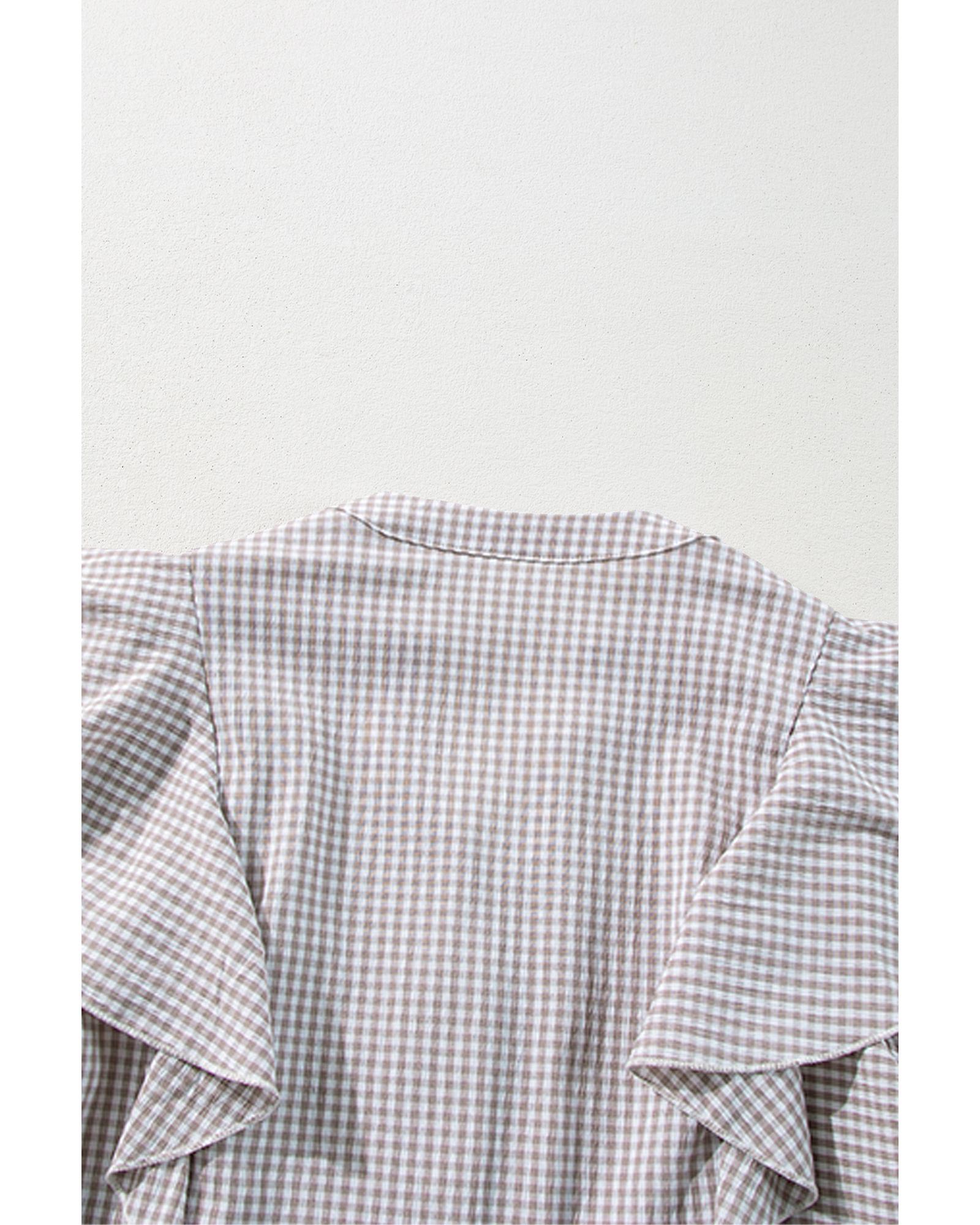 V539-AZEXDC2555363-P1720-S-202508291650-02 Brown Plaid Flounce Sleeve Notched Neck Ruffled Shirt - S - Image 3