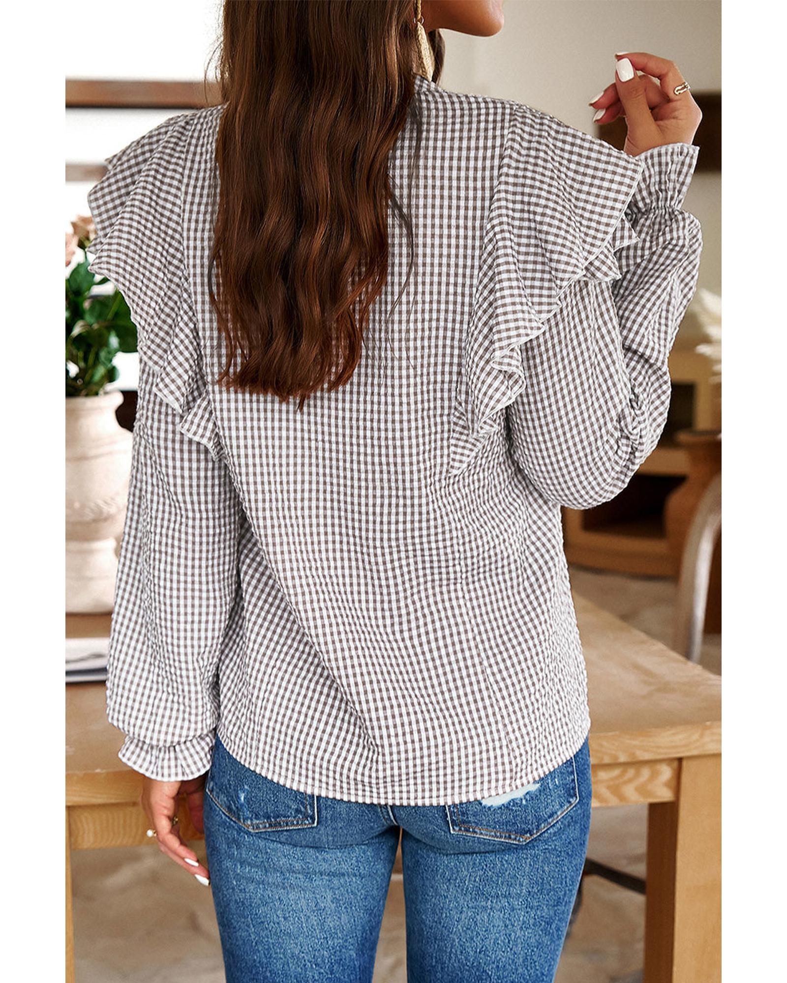 V539-AZEXDC2555363-P1720-S-202508291650-05 Brown Plaid Flounce Sleeve Notched Neck Ruffled Shirt - S - Image 6