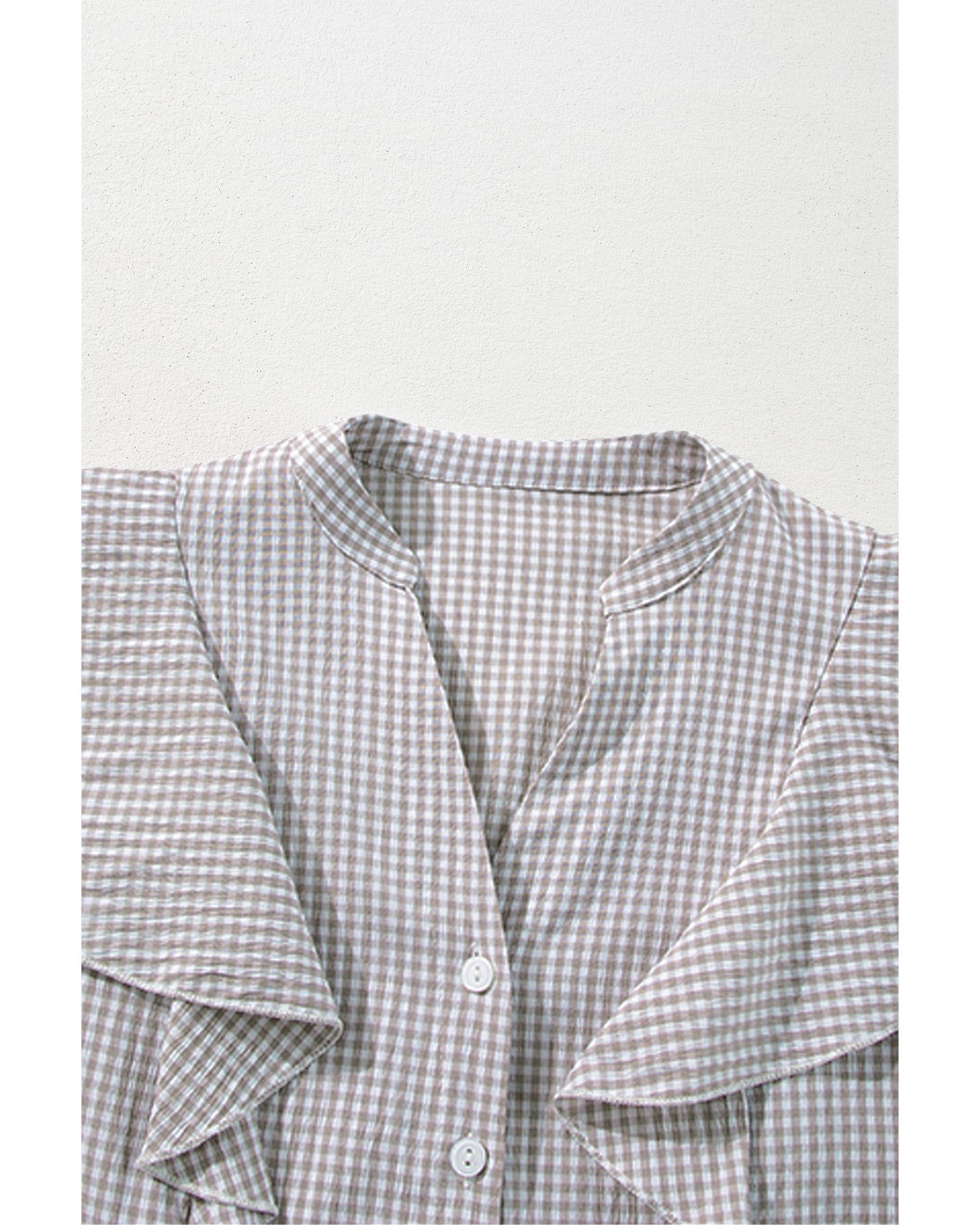 V539-AZEXDC2555363-P1720-XL-202508291900-01 Brown Plaid Flounce Sleeve Notched Neck Ruffled Shirt - XL - Image 2