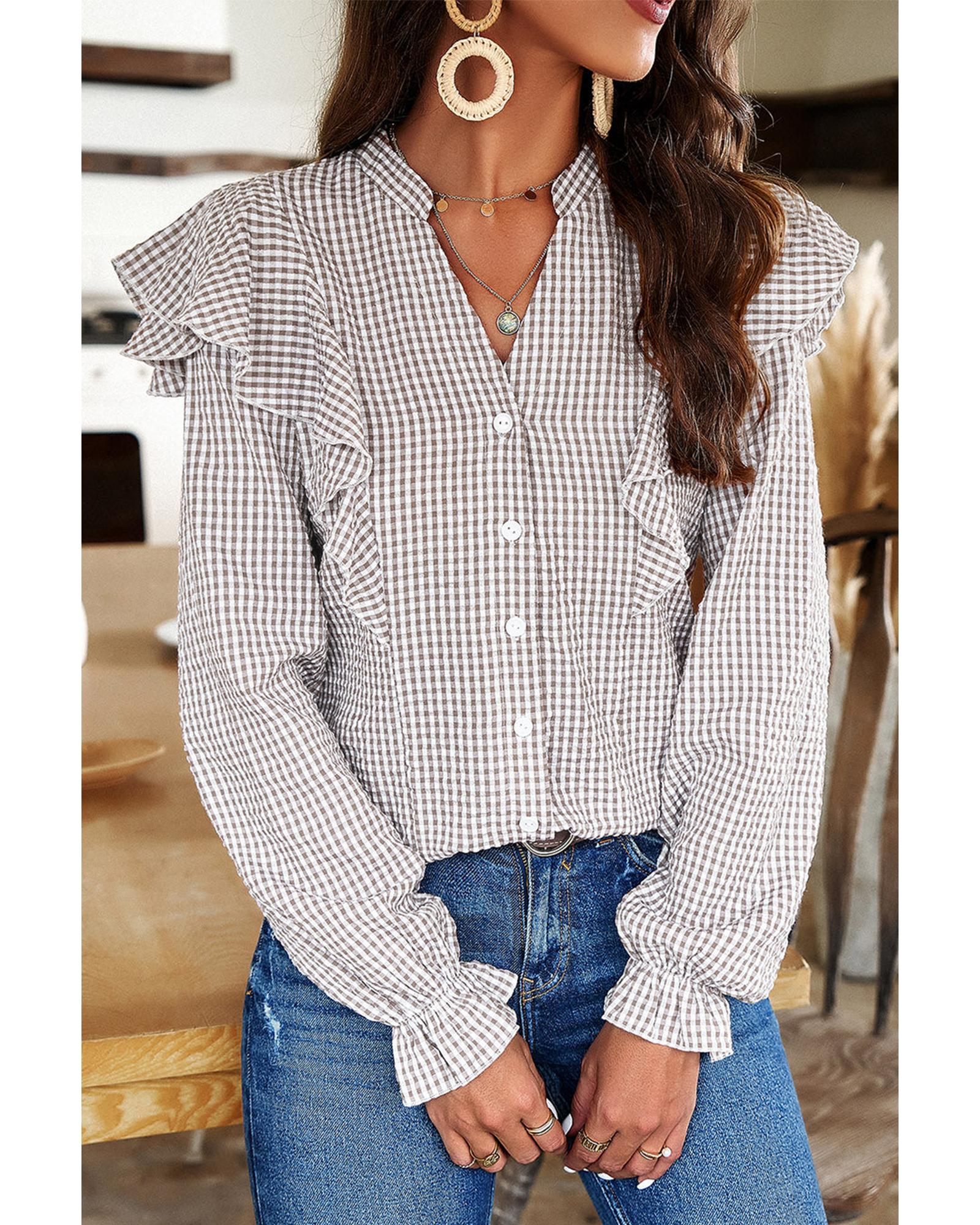 V539-AZEXDC2555363-P1720-XL-202508291900-06 Brown Plaid Flounce Sleeve Notched Neck Ruffled Shirt - XL - Image 7
